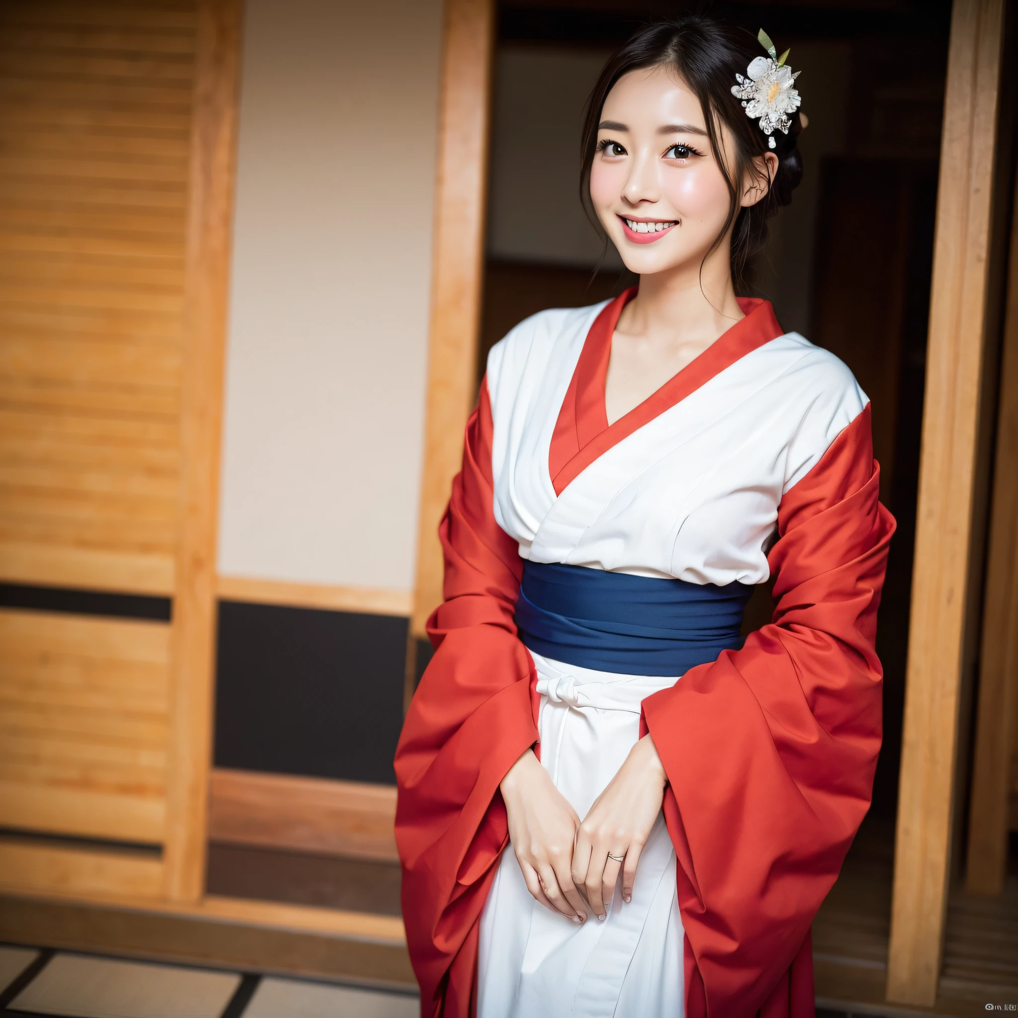 Neat and clean maiko、((best qualtiy、8k masterpieces:1.3))、foco nítido:1.2、(ultra beautiful faces:1.0)、(shinny skin:1.0)、photos realistic、A dark-haired、Video Lighting、High-definition eyes and face、Video Lighting、Japanese actressl、from the front side、medium breasts、Smile、Slender Abs Beauty、Whole body、Wearing a red maiko、In Gion