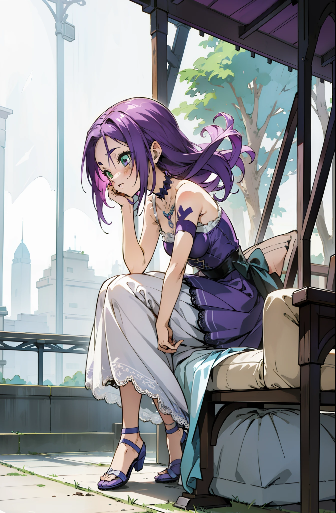 Colorful, Up-close, purple color hair, Ultra-realistic hair quality, Vibrant colors, Young Girl, 14years old girl, Beautiful long hair, Shiny hair, detailed hairs, Hair Ribbon, Single-sided up, Reo Mikage, Blue Lock, no sleeves, Sleeveless, open shoulders, Cinderella, drawing, Cinderella with panniers, Cinderella Dress, Lace dress, long dress, white stockings, lace reggings, Chest exposure, Lace underwear, Metamorphosis is exposed, Choker, Black Choker, complete fingers, Five Fingers, Two arms, Two hands, The tattoo, body tattoo, arm tattoos, Blue Rose Tattoo, Tattoo on the wrist, Tattoo on the thigh, Relative area, Sexy breasts, Big breasts, red blush, 1girl in, Solo, Sharp face, Heterochromia, Green eyes, Purple eyes, Bare neck, Happy face, light smile, skirt in dress, pannier in dress,sitting on the grounds, Scenery of Shanghai, Castles, crouching down, bare foot, sandals, masutepiece, Ultra-detailed, Hyper-detailing, anime, anime style, Best Quality