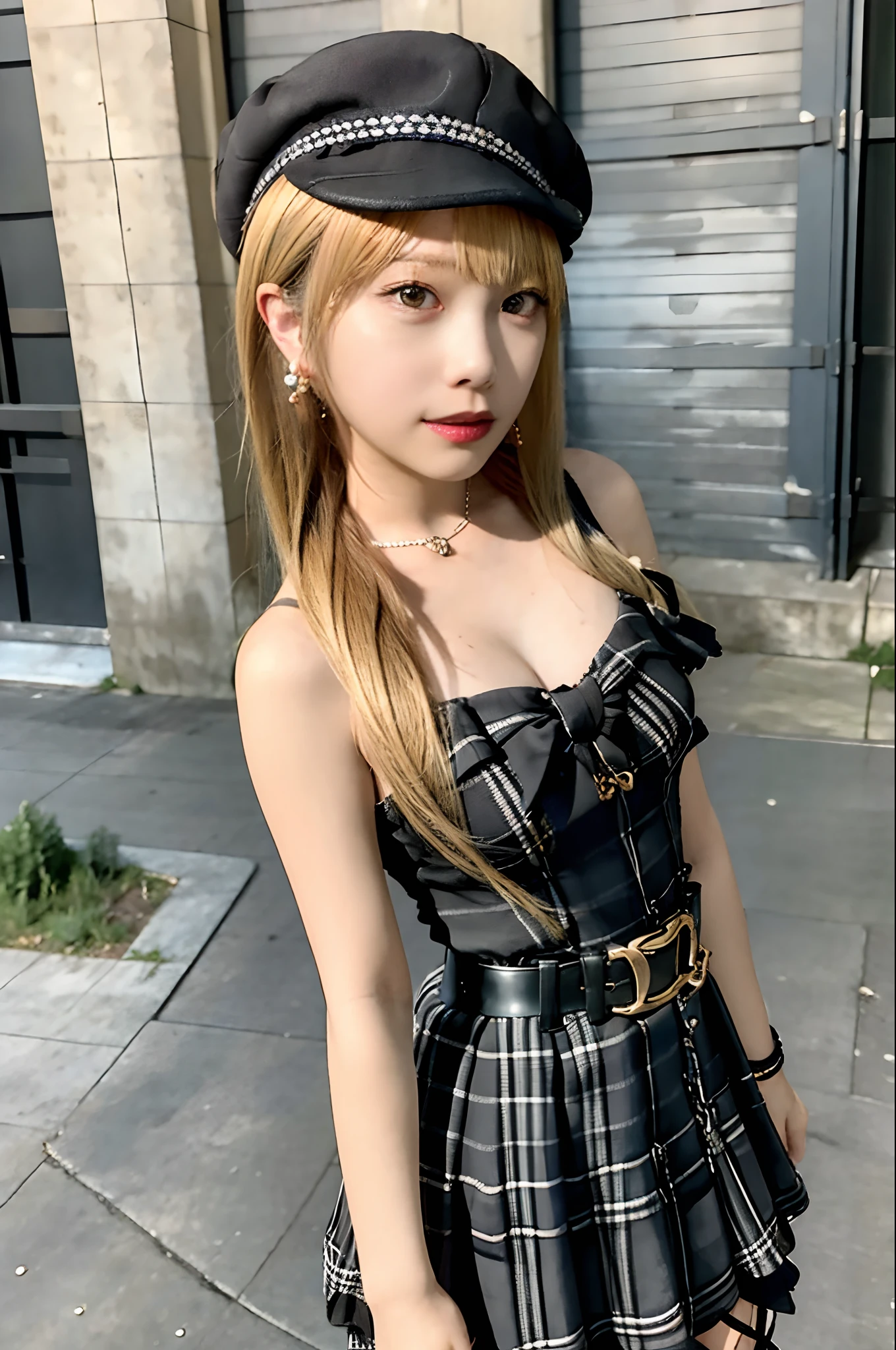 masutepiece, Best Quality, hight resolution, UH, Blonde hair, braid, beret, black headwear, earrings, armlet, Plaid, Bare shoulders, Black bow, Black Dress, Wrist cuffs, Bracelet, Belt bag, fishnets pantyhose, idolmaster cinderella girls, Night, city, Street, Standing, Cowboy Shot, Arms at sides, straight-on,