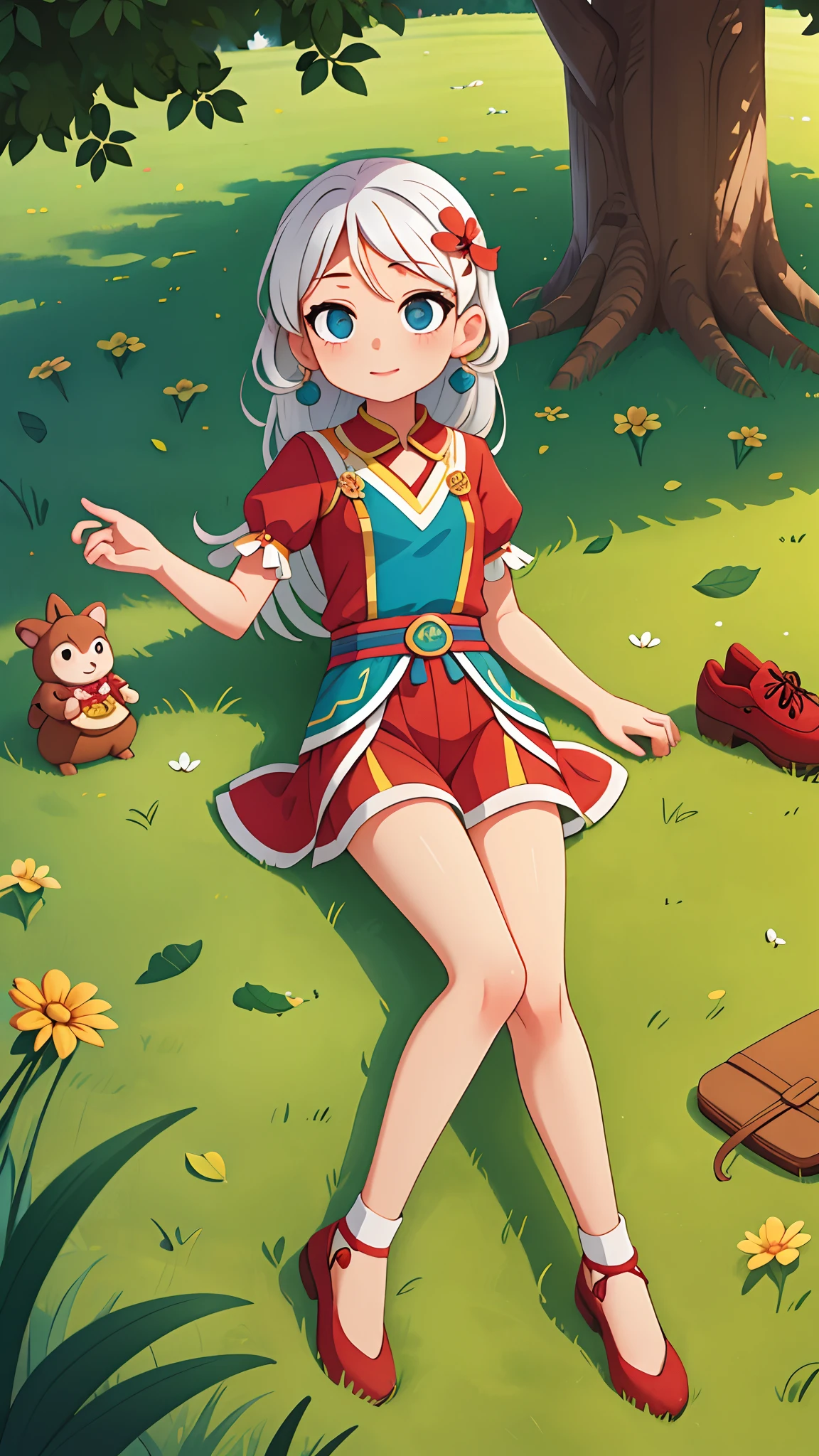 girl with、Lying on the lawn of the park、full body Esbian、Traditional costumes、Distinctive ethnic hair ornaments、Characteristic ethnic shoes