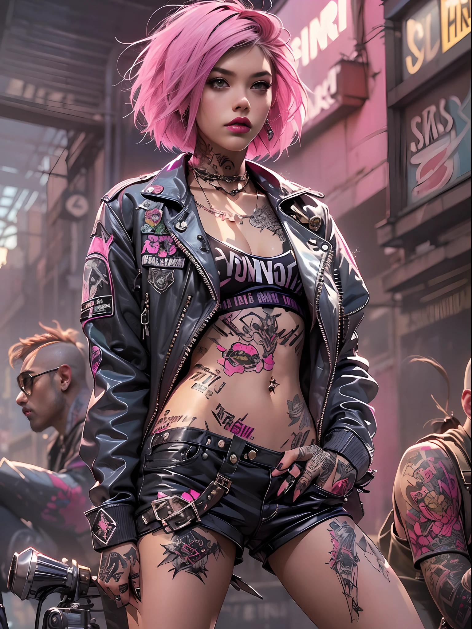 (((of the highest quality: 1.4))),(unparalleled masterpiece ever), (Ultra high definition),(Ultra-realistic 8K CG), offcial art、 (((adult body))), (((1girl in))), ((( Bob Shorthair ))), Punk girl with a perfect body, Jacket with metal spines,Beautiful and well-groomed face,,Detailed punk fashion,leather jackets, (Image from head to thigh),((Pink Bob Shorthair )), Small leather panties, Simon Bisley's urban savage style,Detailed street background of London,Clean abs, Complex graphics, dark pink with white stars and gray and white stripes,,,, (( Many poisonous tattoos )), piercings,(female genital) (naked;1.3) (tomboy)