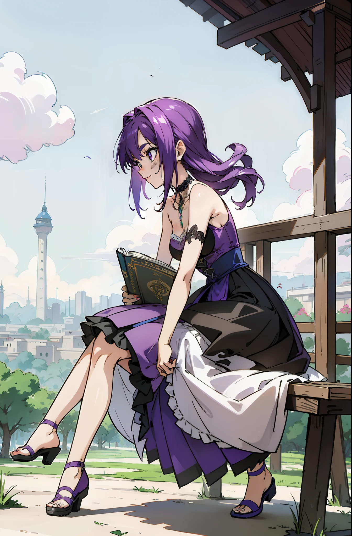 Colorful, Up-close, purple color hair, Ultra-realistic hair quality, Vibrant colors, Young Girl, 14years old girl, Beautiful long hair, Shiny hair, detailed hairs, Hair Ribbon, Single-sided up, Reo Mikage, Blue Lock, no sleeves, Sleeveless, open shoulders, Cinderella, drawing, Cinderella with panniers, Cinderella Dress, Lace dress, long dress, white stockings, lace reggings, Chest exposure, Lace underwear, Metamorphosis is exposed, Choker, Black Choker, complete fingers, Five Fingers, Two arms, Two hands, The tattoo, body tattoo, arm tattoos, Blue Rose Tattoo, Tattoo on the wrist, Tattoo on the thigh, Relative area, Sexy breasts, Big breasts, red blush, 1girl in, Solo, Sharp face, Heterochromia, Green eyes, Purple eyes, Bare neck, Happy face, light smile, skirt in dress, pannier in dress,sitting on the grounds, Scenery of Shanghai, Castles, crouching down, bare foot, sandals, masutepiece, Ultra-detailed, Hyper-detailing, anime, anime style, Best Quality