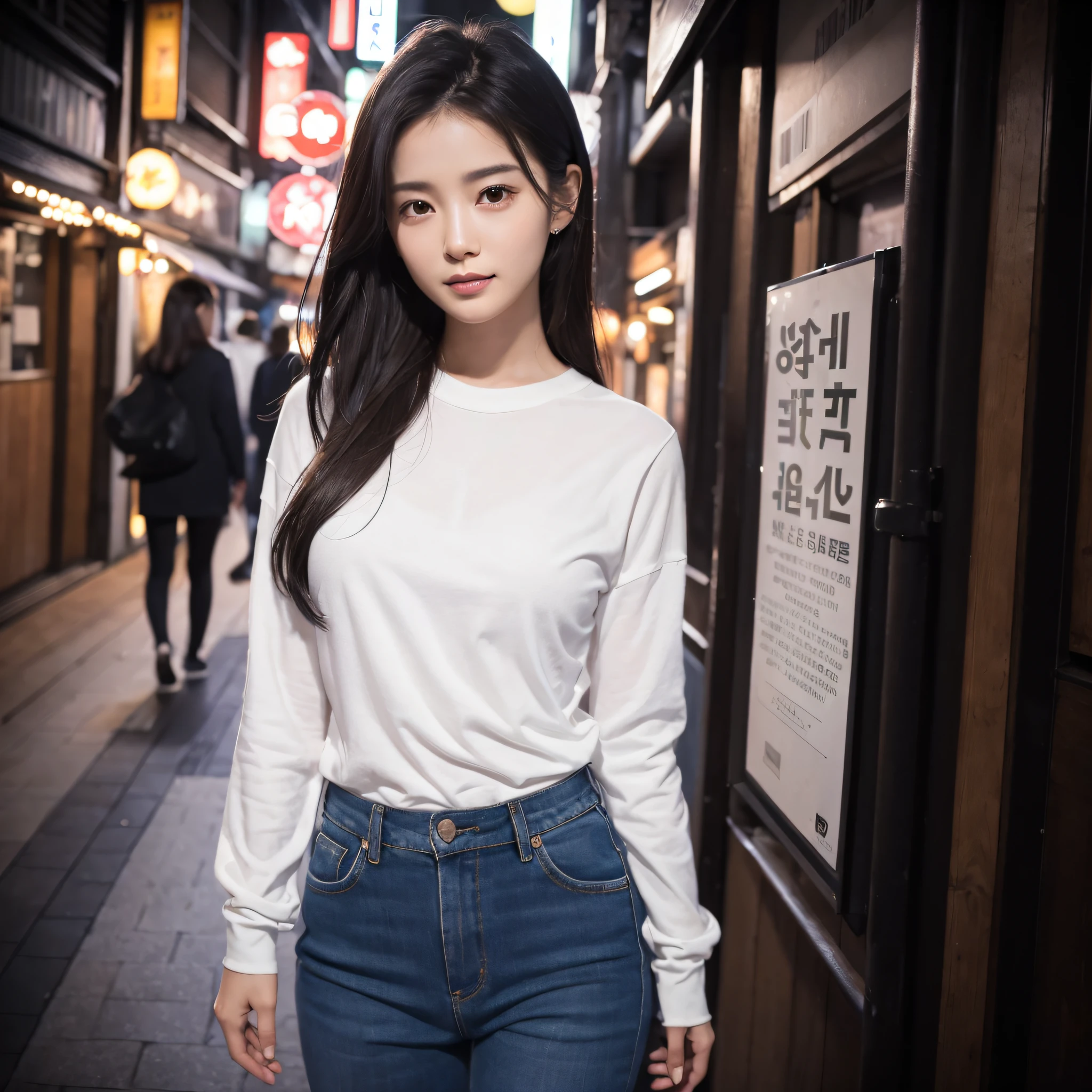 One lady、((best qualtiy、8k masterpieces:1.3))、foco nítido:1.2、(ultra beautiful faces:1.0)、(shinny skin:1.0)、photos realistic、A dark-haired、Video Lighting、High-definition eyes and face、Video Lighting、(Korean Cute Actress)、from the front side、medium breasts、Smile、Slender Abs Beauty、Whole body、wearing t-shirts、in tokyo at night