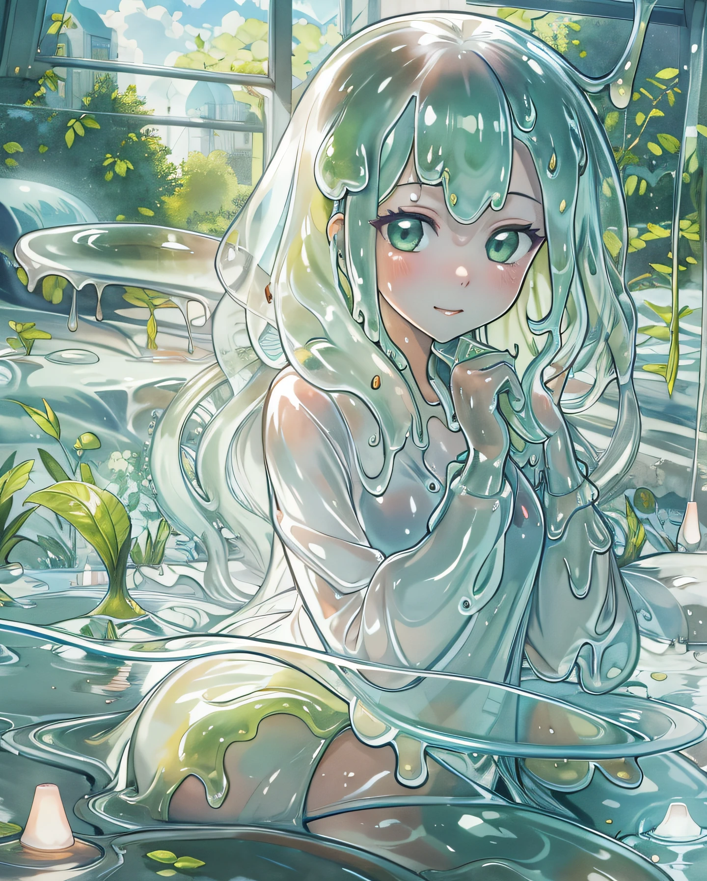 (masterpiece,best quality,ultra-detailed,best illustration:1.3), 1girl, (slime girl:1.3), ( transparent:1.3), (see-through:1.1),sitting, white highhighs, (refraction,reflection:1.1) , transparent face,transparent body,transparent skin,sunshine day