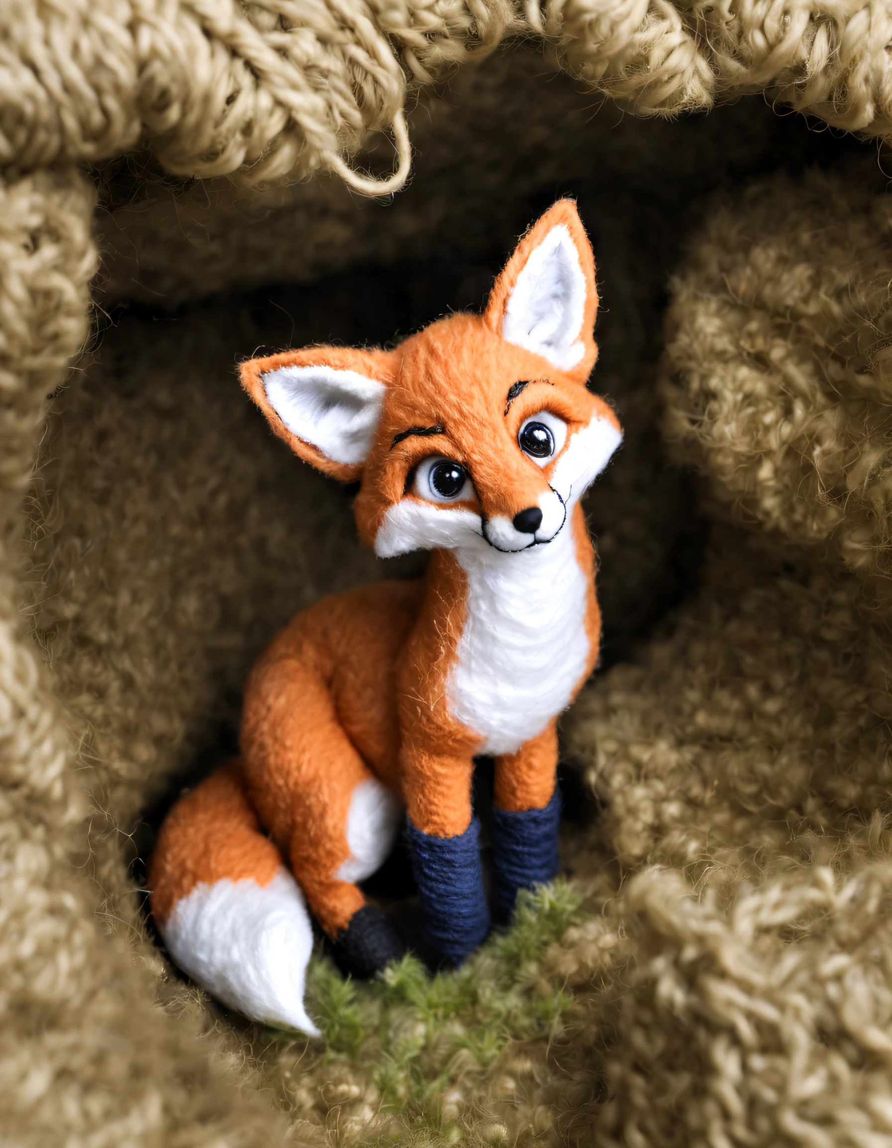 w00len, a realistic picture of a fox looking out of a foxhole made of wool and yarn, yarn