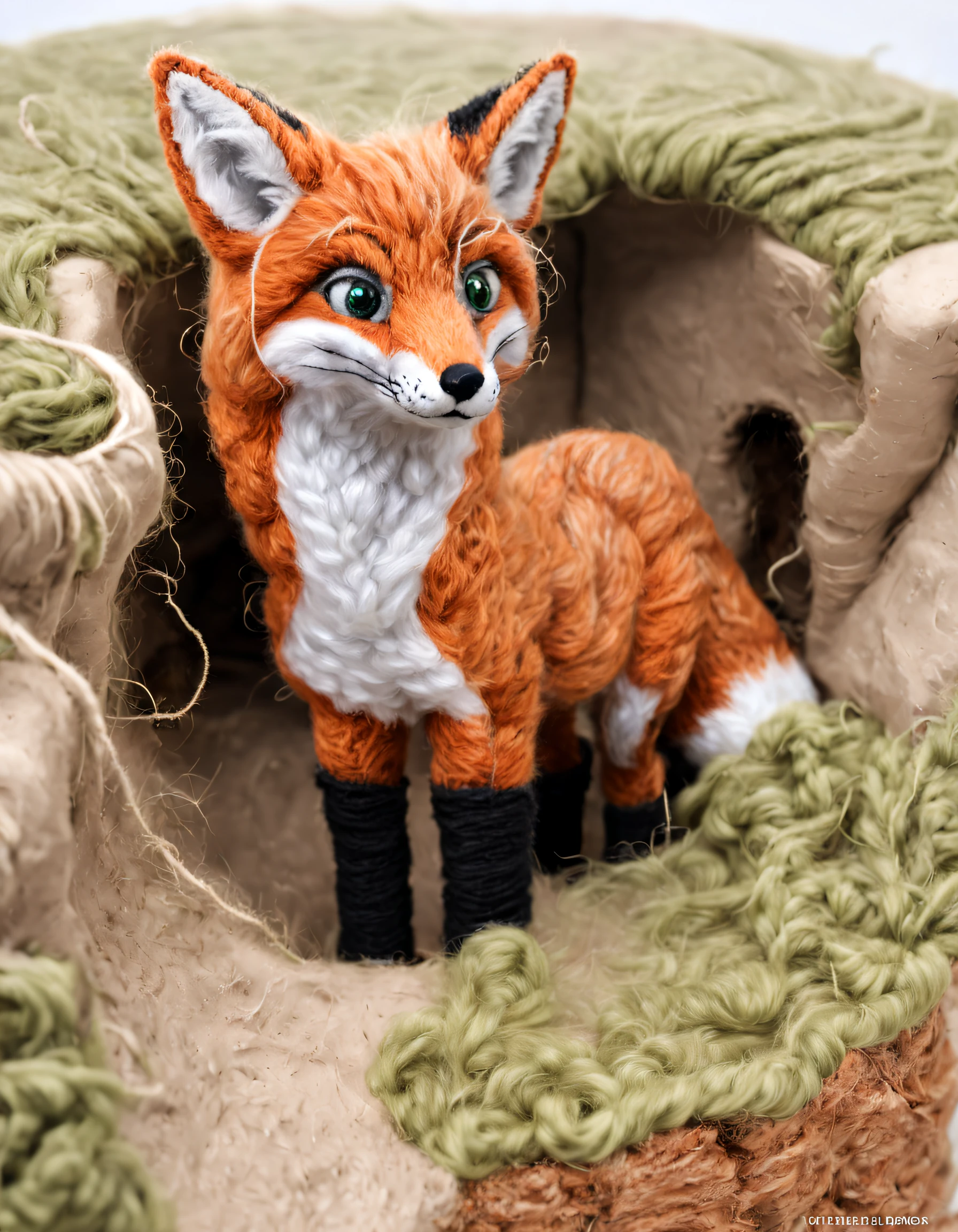 w00len, a realistic picture of a fox looking out of a foxhole made of wool and yarn, yarn