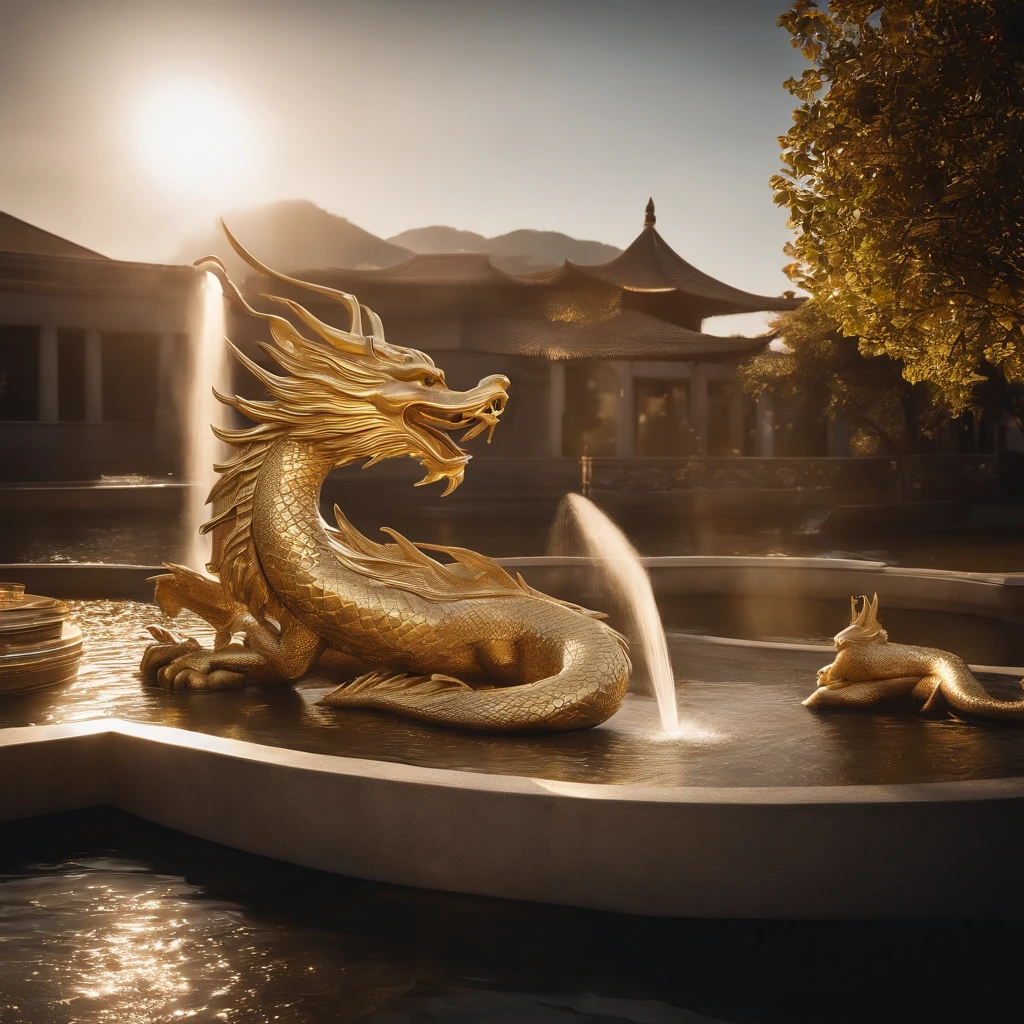 (sculpture made of gold),((chinesedragon)),(Broom),Fountain landscaping,(Artificial landscape design drawing),Natural sunlight,Shining Effect,(exquisite craft)