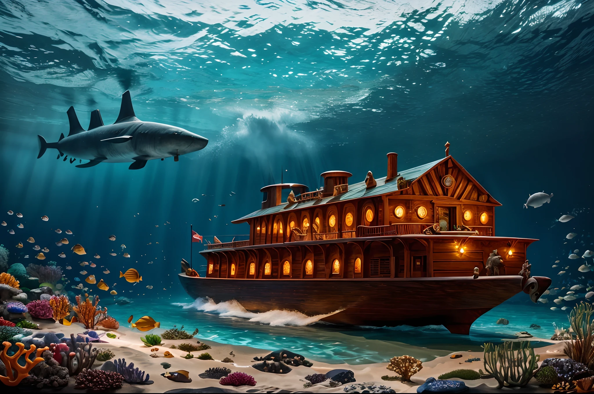 ancient world, Noah's Ark, wooden submarine, under sea, (ultra high detailed, 8K, masterpiece, top quality:1.1)