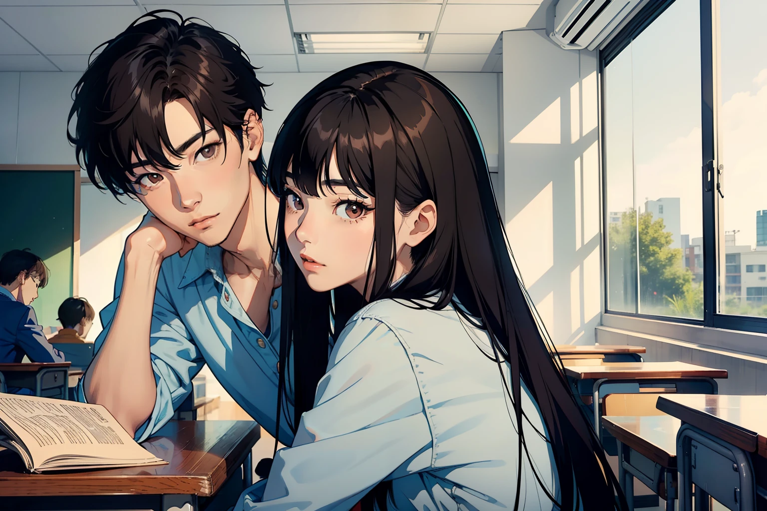 handsome Korean, tall , and flirty boy in the classroom sitting at chair staring a beautiful girl with long black brown hair in front of him, the girl is reading book and he is looking at her