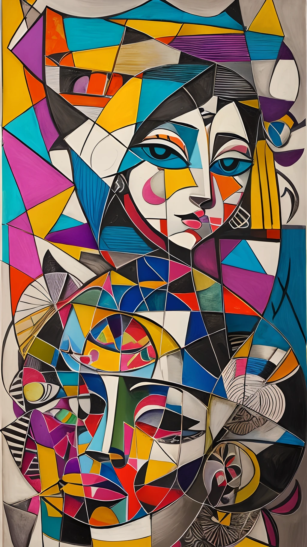 Create an artistic composition that combines Picasso's cubist abstraction with Leonardo da Vinci's sfumato technique. Use deconstructed, layered geometric shapes in bold, vivid colors, while incorporating elements of subtle gradation and soft tonal blends to add depth and dimension to the work. The image should express a sense of movement and harmony, while challenging the conventions of realistic representation. --auto --s2