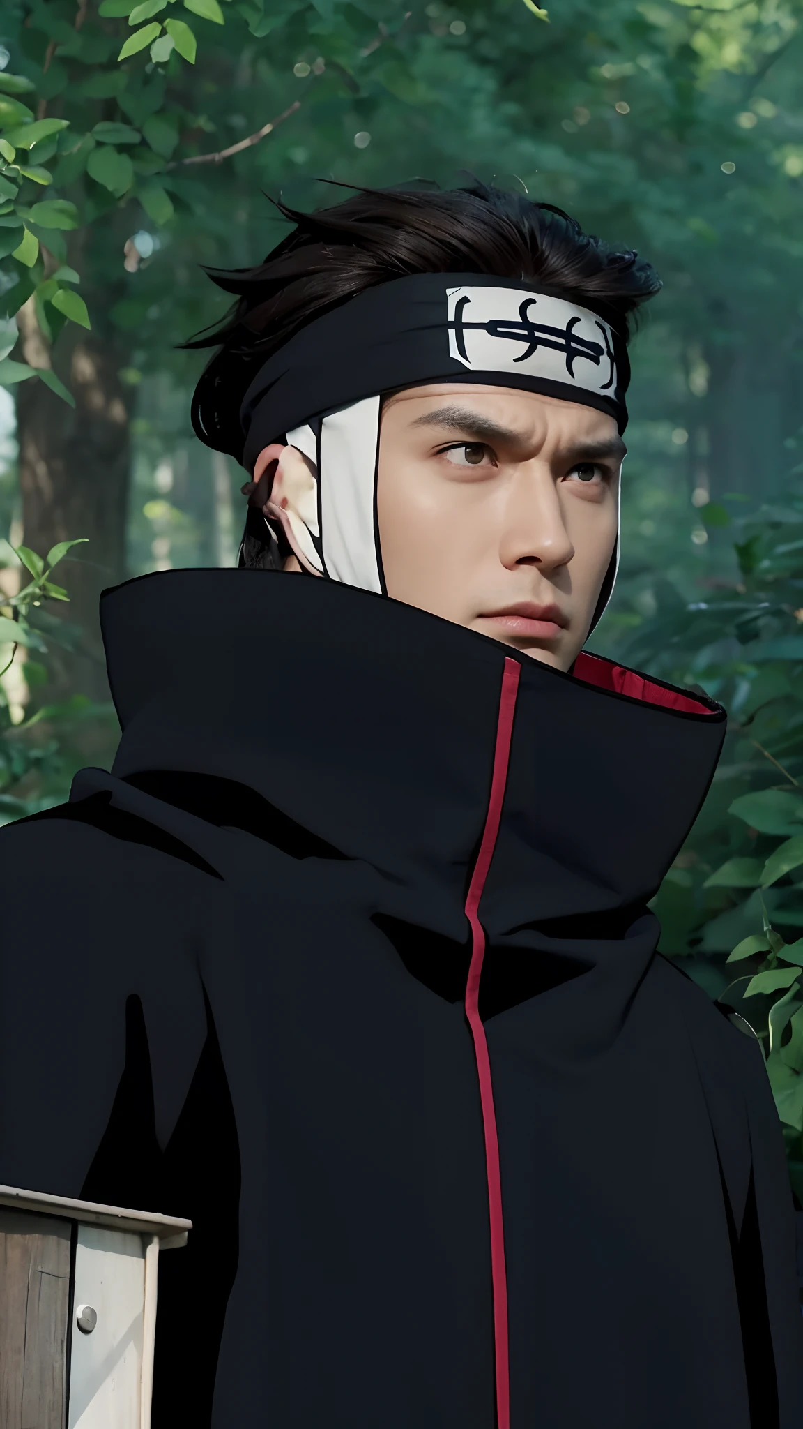 Real life adaption of this character, handsome man face, angry expression, ((realistic same hair)),((realistic same outfit )) , hyper realistic, realistic light, realistic shadow, realism,(photorealistic:1.2), looking to camera, brown skin,wear realistic headband,same realistic outfit on the head