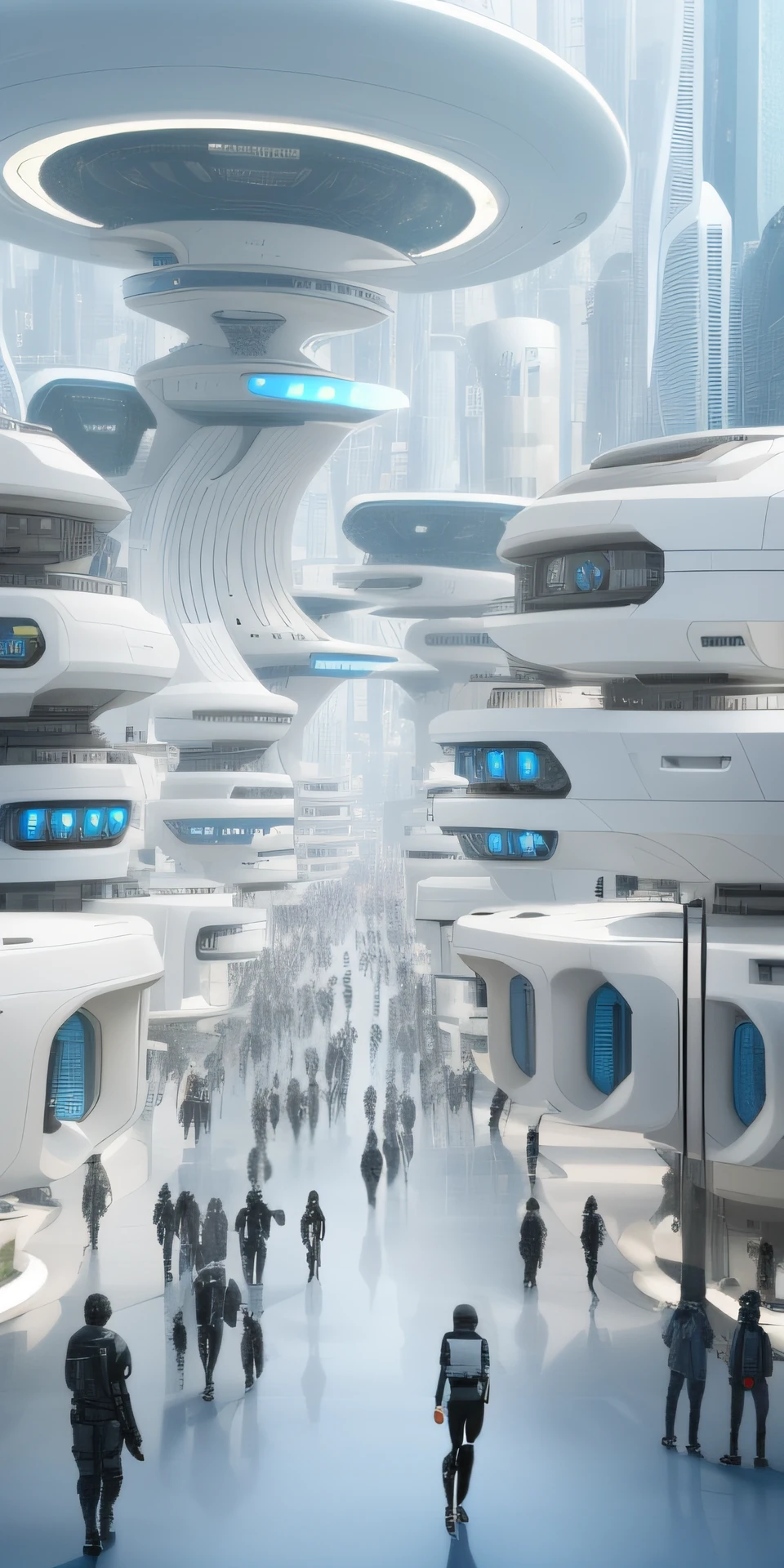 A group of people walk in a futuristic city with many buildings, human futuristic city, hyper-futuristic city, otherwordly futuristic city, futuristic city street, The future city, futuristic street, Beautiful city of the future, futuristic utopian city, futuristic utopian metropolis, in a future city, in a futuristic city, Futuristic city, futuristic dystopian city