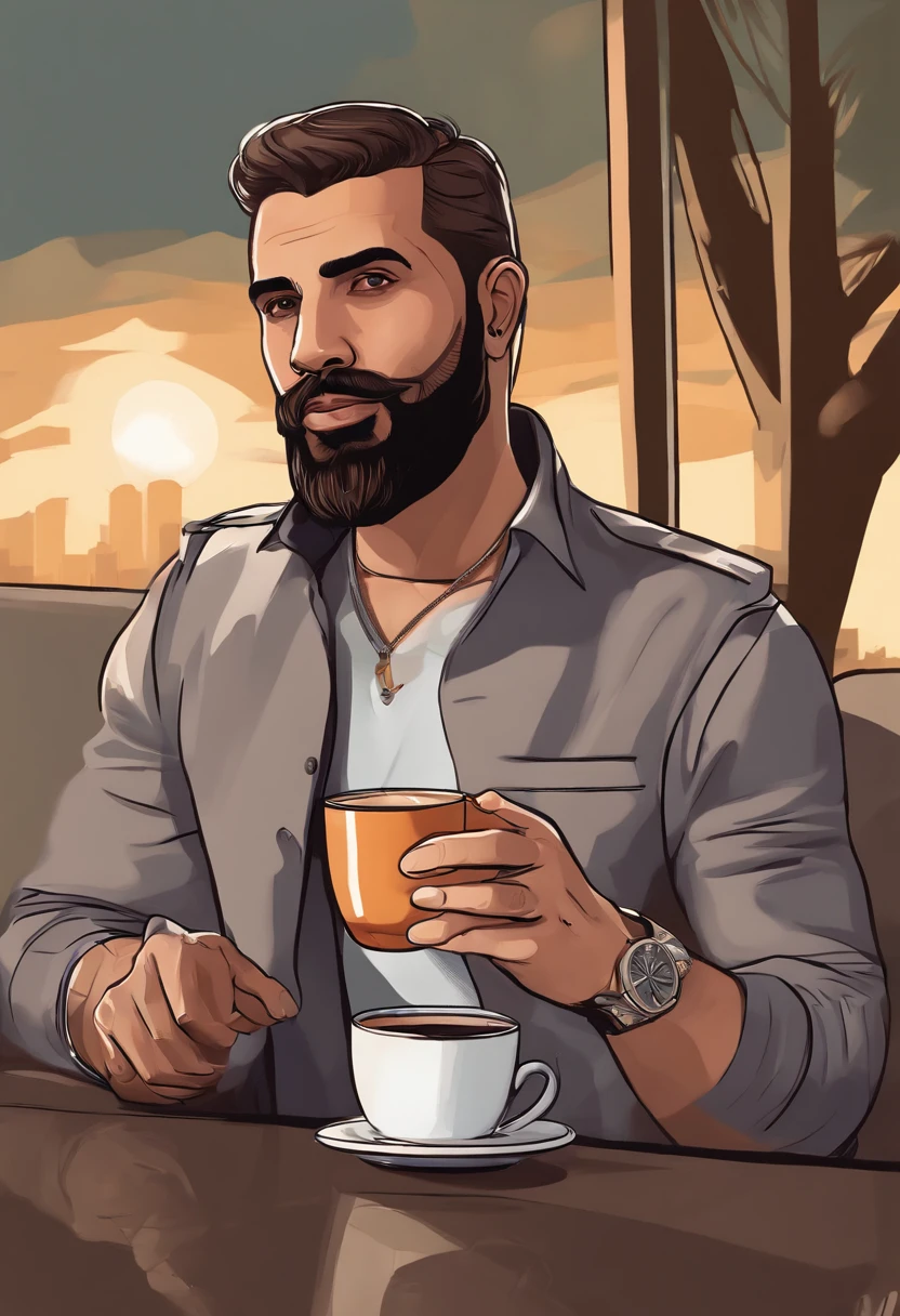 arafed man with a thin beard holding a cup of coffee, inspired by George Morrison, in style of digital illustration, cartoon style illustration, gta art style, character portrait of me, official character illustration, gta character, drake in gta v, as the protagonist of gta 5, high quality portrait, inspired by George Manson, gmaster