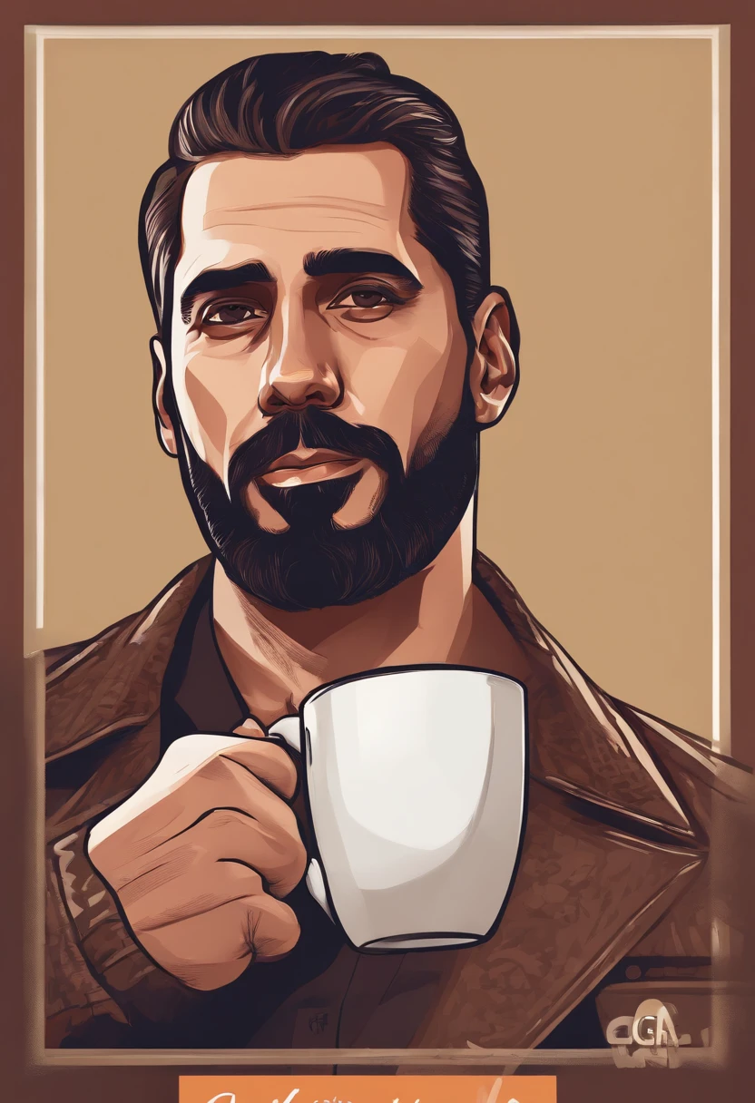arafed man with a thin beard holding a cup of coffee, inspired by George Morrison, in style of digital illustration, cartoon style illustration, gta art style, character portrait of me, official character illustration, gta character, drake in gta v, as the protagonist of gta 5, high quality portrait, inspired by George Manson, gmaster