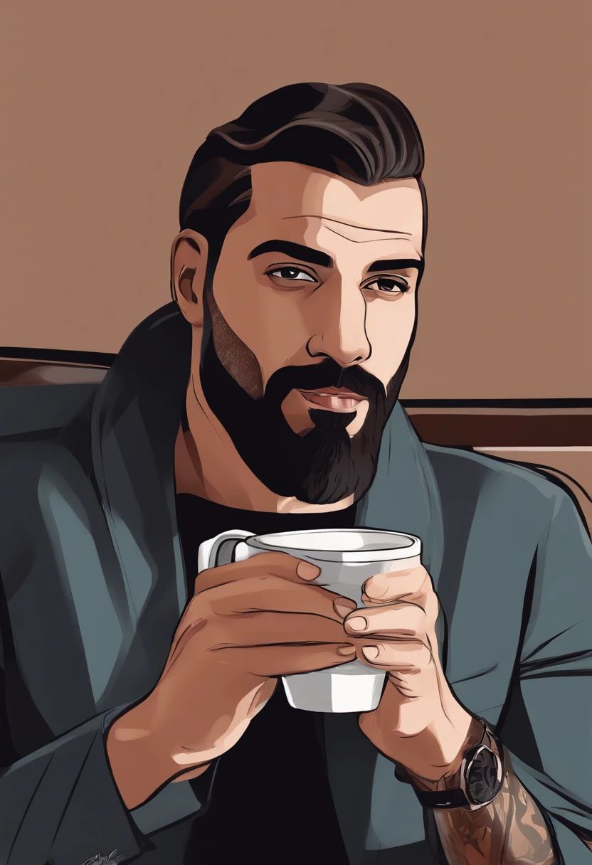 arafed man with a thin beard holding a cup of coffee, inspired by George Morrison, in style of digital illustration, cartoon style illustration, gta art style, character portrait of me, official character illustration, gta character, drake in gta v, as the protagonist of gta 5, high quality portrait, inspired by George Manson, gmaster