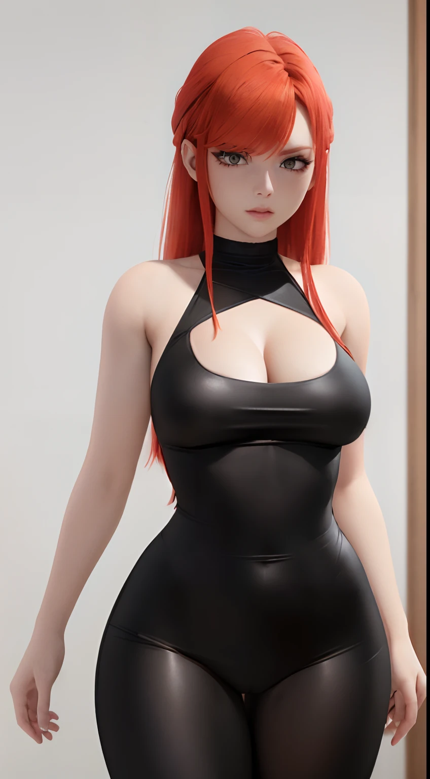 there is a woman with red hair and a black top posing, anya from spy x family, realistic shaded perfect body, leeloo outfit, character is in her natural pose, realistic anime 3 d style, thicc, she has long redorange hair, redhead girl, photorealistic anime girl render, she is redhead, perfectly shaded body, rendered in sfm