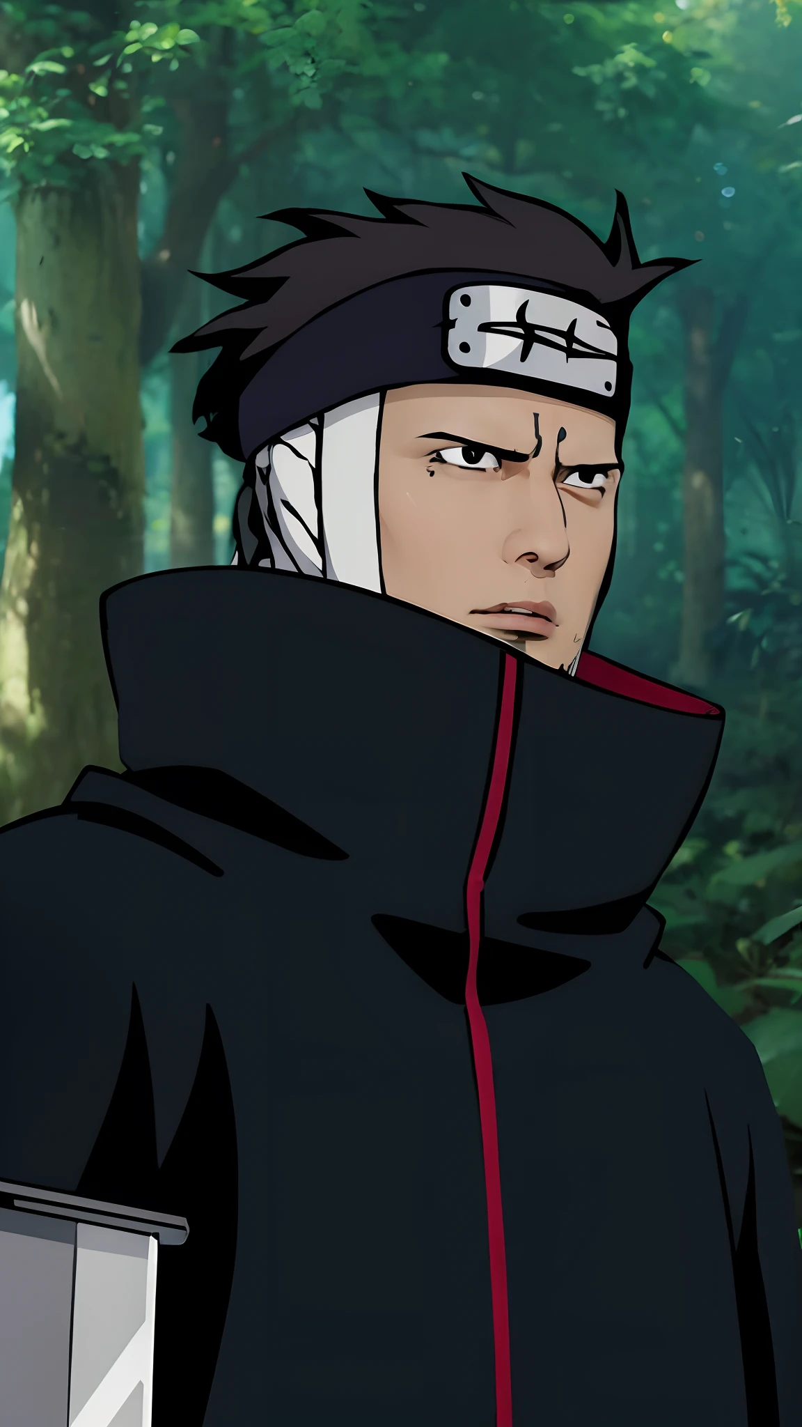 Real life adaption of this character, handsome man face, angry expression, ((realistic same hair)),((realistic same outfit )) , hyper realistic, realistic light, realistic shadow, realism,(photorealistic:1.2), looking to camera, brown skin,wear realistic headband,((his ear covered with cloth))