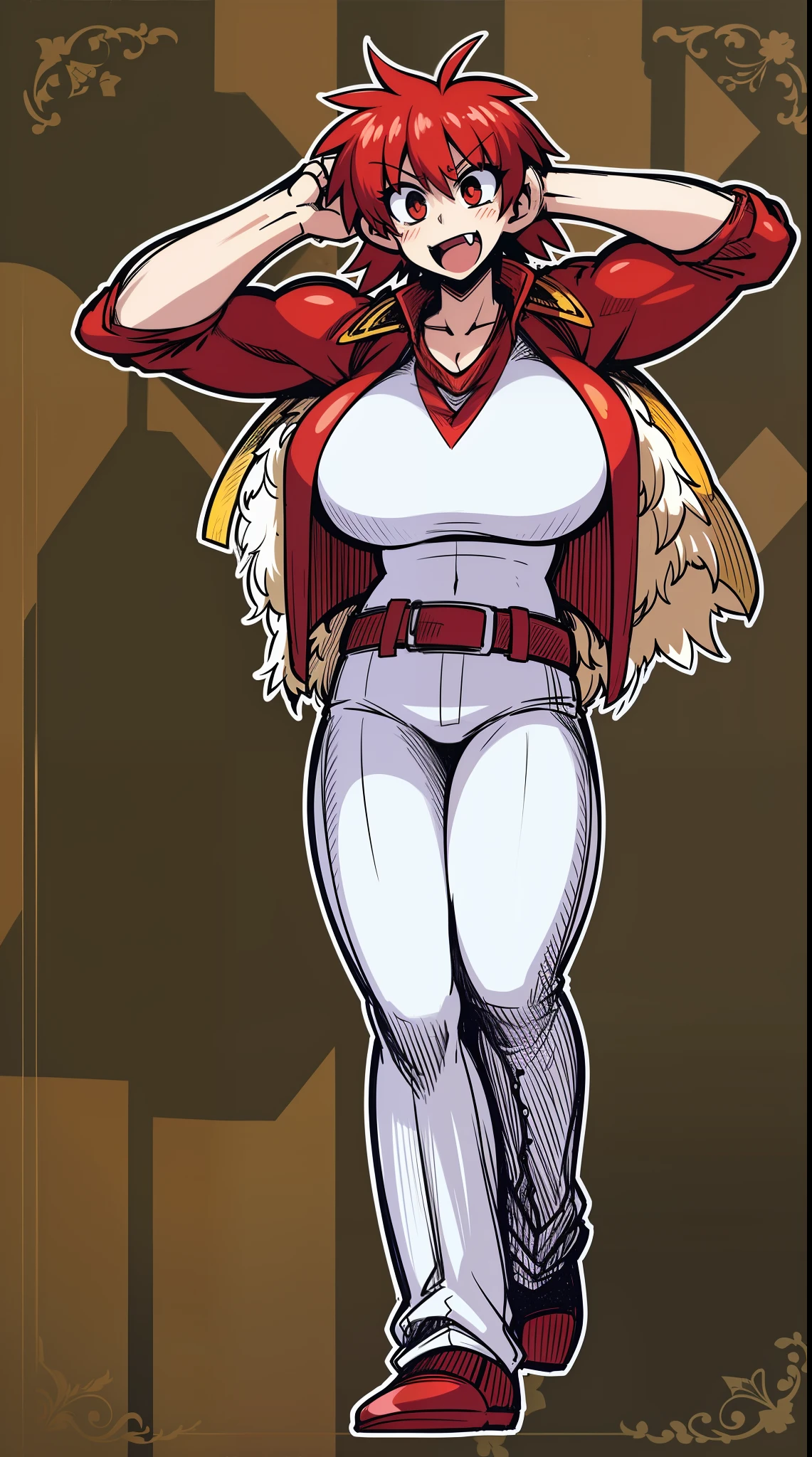 tomboy, warrior, berserker, tall female, muscular female, living hair, sauvage,, medieval clothing, fantasy, fantasy weapon, huge breasts, barbarian pants, , combat boots, armor, red hair, crazy smile, open mouth, biceps, necktie, thick arms,pullover, solo focus, long hair, , crazy smile, long hair, sword holding, pants, noble cloths, noble clothing, french cloths