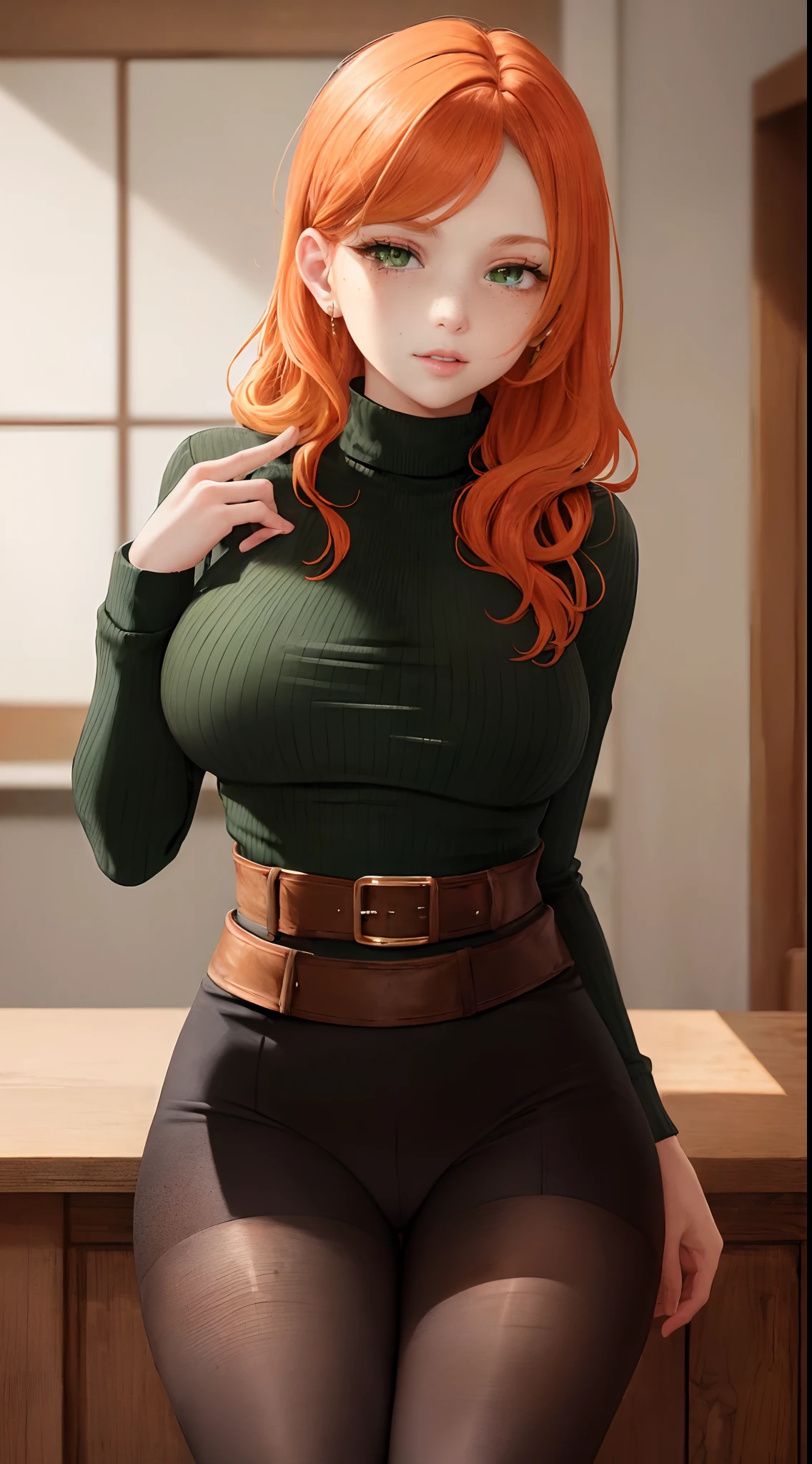 milf, masterpiece, best quality, ultra-detailed, beautiful lighting, 1girl, orange hair, green eyes, freckles, turtleneck, looking at viewer, detalized black stockings with a belt