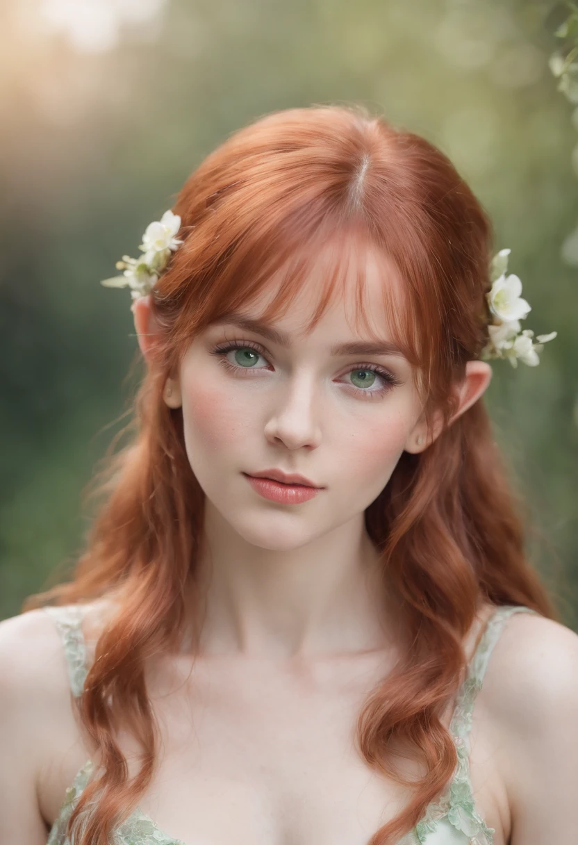 (aquarelle: 1.2), Elf Princess, flower, freckle, bangs, Redhead, Long hair, Green eyes, hair between eye, Flower earrings, Blurred background, high resolution