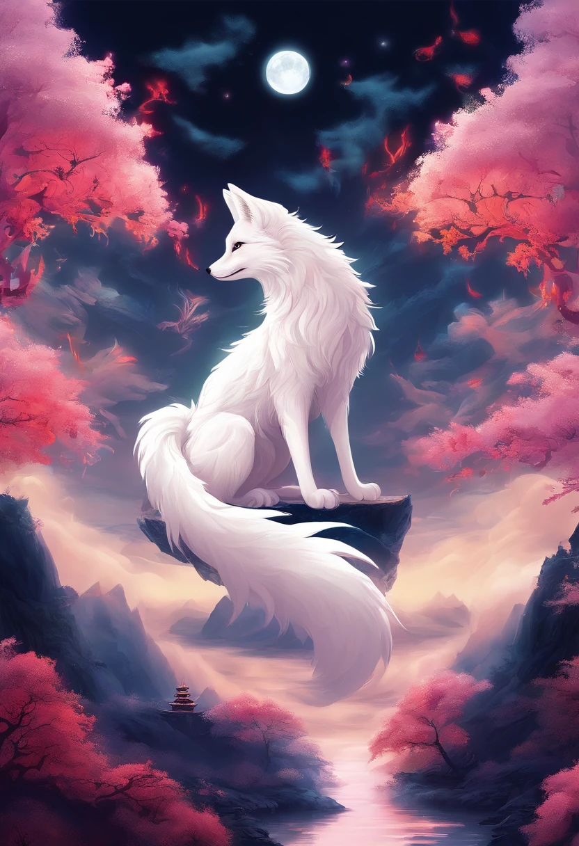 Chinese mythology，Huge white fox，Thick clouds，（（（Nine tails））），moutains，themoon，tmasterpiece，Best picture quality，super-fine，Super magical，ultra - detailed，8K分辨率，OC renderer，dynamic viewing angle