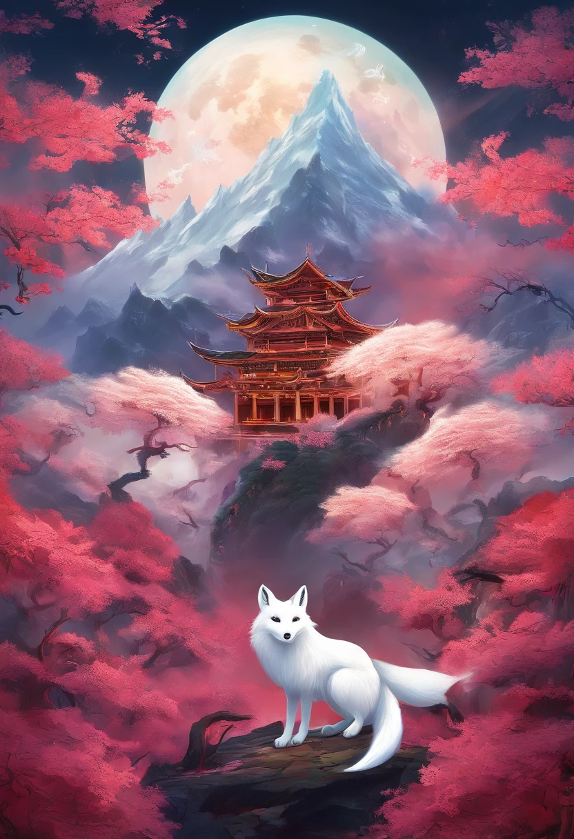 Chinese mythology，Huge white fox，Thick clouds，（（（Nine tails））），moutains，themoon，tmasterpiece，Best picture quality，super-fine，Super magical，ultra - detailed，8K分辨率，OC renderer，dynamic viewing angle