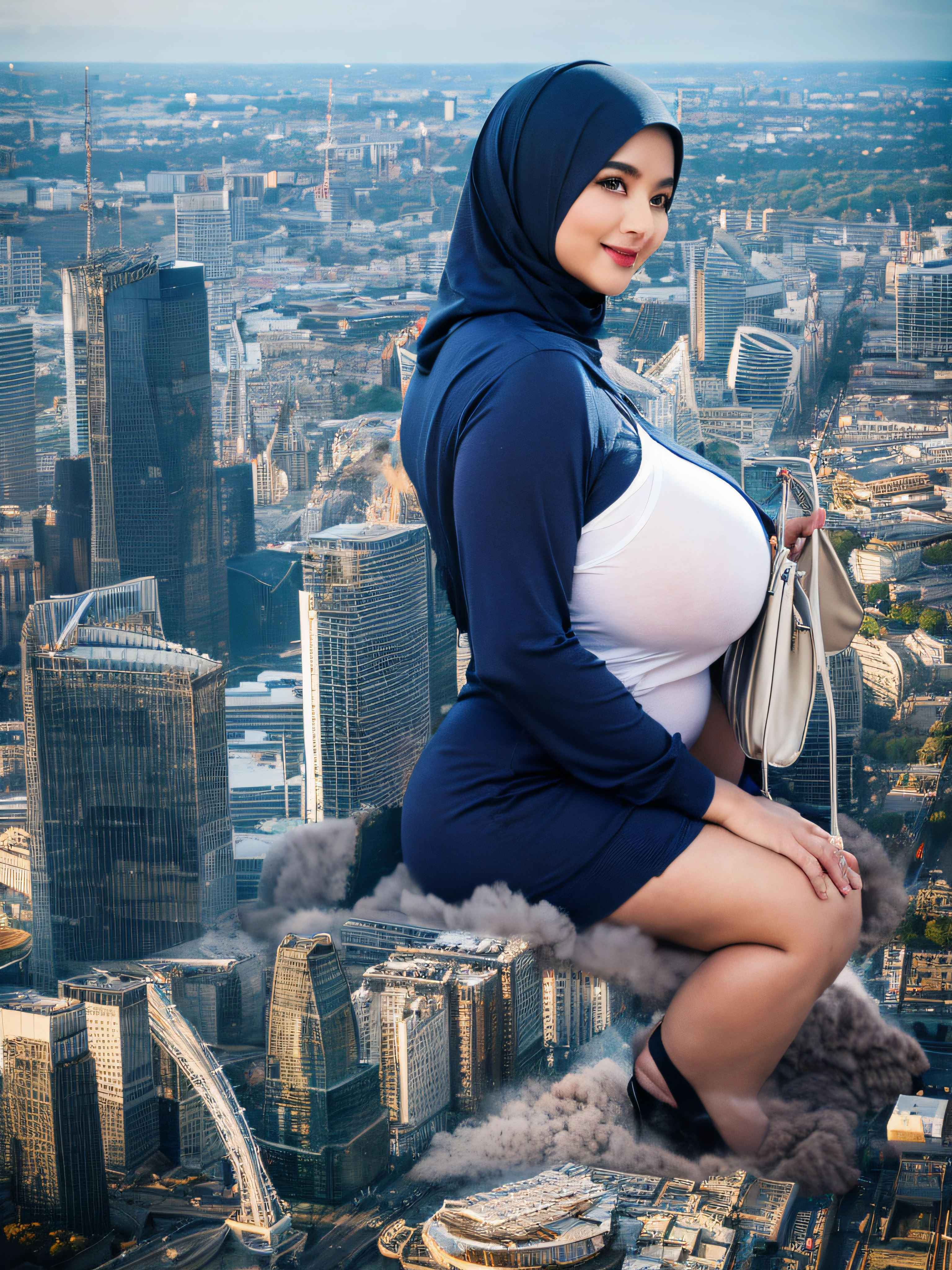 (Best quality, high resolution, masterpiece: 1.3), a beautiful malay woman in hijab, gigantic breasts, slim figure, sweatshirt, beautifully presented details in the street and facial and skin texture, detailed eyes, double eyelids, big eyeschest visible, shirt openfeatures), HDR, 8k resolution, nice fingers, firm skin, (((high detail skin, visible pores))), 1 female, tall body, 30 years old, holding a luxurious handbag(ultra Gigantic Breasts:1.3, heavy hanging breasts, perfect round shape breast), wearing jeans Tight Malay Gamis Pastel Close Up Tight Hijab, big busty red lips, Full Body, Beautiful Shy Smile, Wearing High Heels, In Lux, wearing deep_v-neck_dress, (giga:1.3), giantess, (city destruction:1.35), metropolis, london, aerial view, sitting on a building