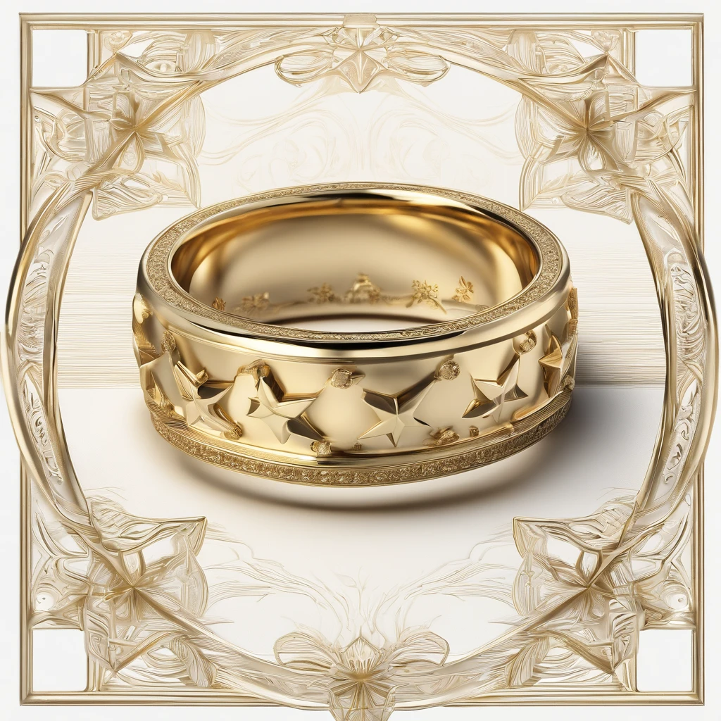 （（Ring design concept art）），Yellow gold ring，（Ring concept blueprint），（（Wavy ring ring）），Engraved with a five-pointed star and a star，Hemming，Natural sunlight，Shining Effect