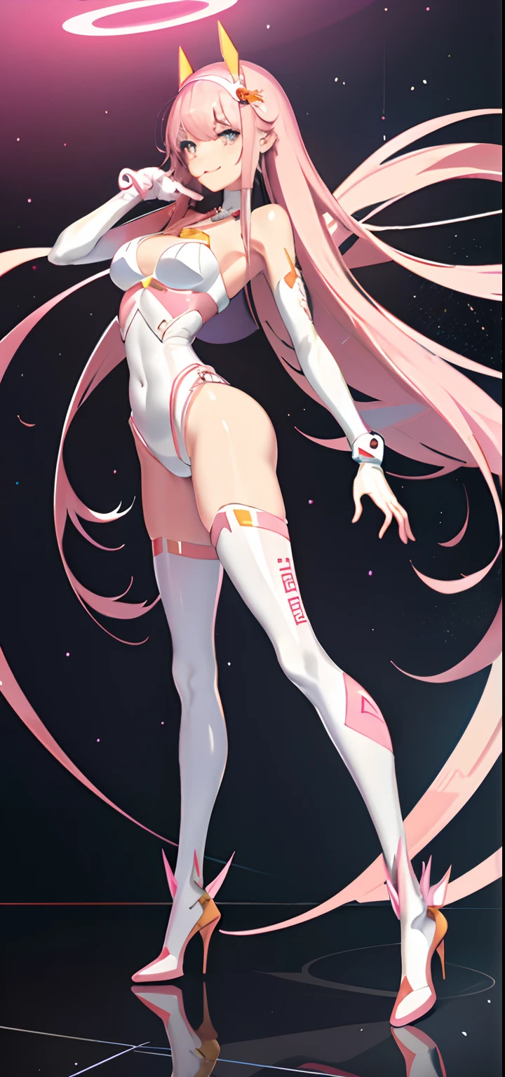 Zerotwo\(Dear in Franks\),tmasterpiece,one-girl,pastelcolor, cyber punk perssonage, Pink Long Hair,deep v big breasts,chest,White latex tights,Bare arms,show legs,Open navel,Slimming the waist, Happy smile, whole-length, legsupms, full bodyesbian:1.3