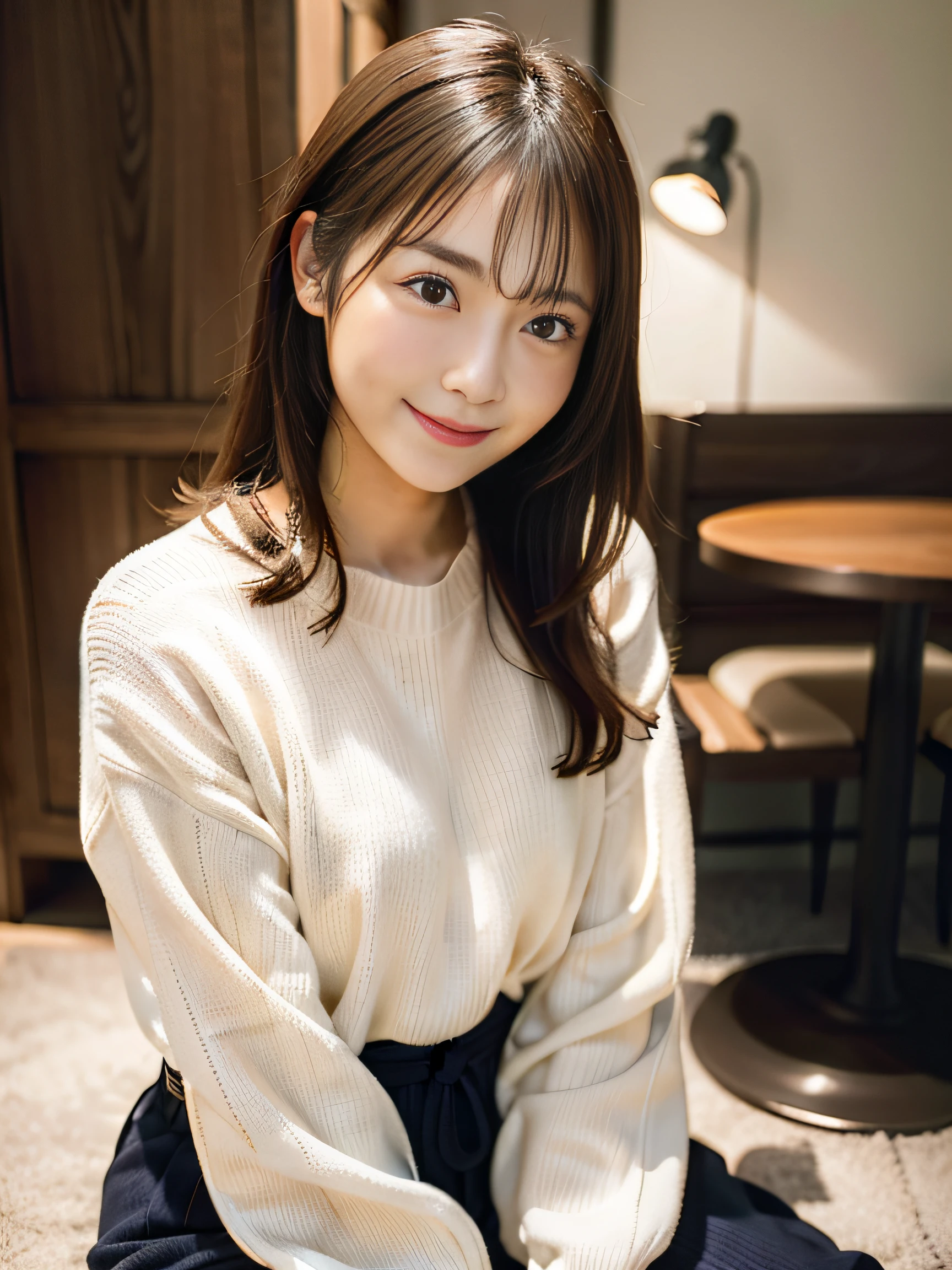 In 8K,Highest quality:1.4, 超High resolution:1.5, (Realistic:1.4),masterpiece:1.2,(Highest quality:1.4)、 RAW Photos、Japanese girl in casual clothes、Looking at the audience、Pose with a smile、High resolution、Very detailed、Light、High Resolution、Ultra-detailed、Natural skin texture:1.3, Realistic eye and facial details:1.7、Two Japan women 、Nogizaka, Cute face、Age 35:1.5、Textured skin:1.2, Beautiful smile,  Detailed Cafe、 Sit on、Date、(A shy smile:1.2)、Medium Chest、Beautifully detailed eyes、(sweater:1.1)、night、From the waist up:1.2
