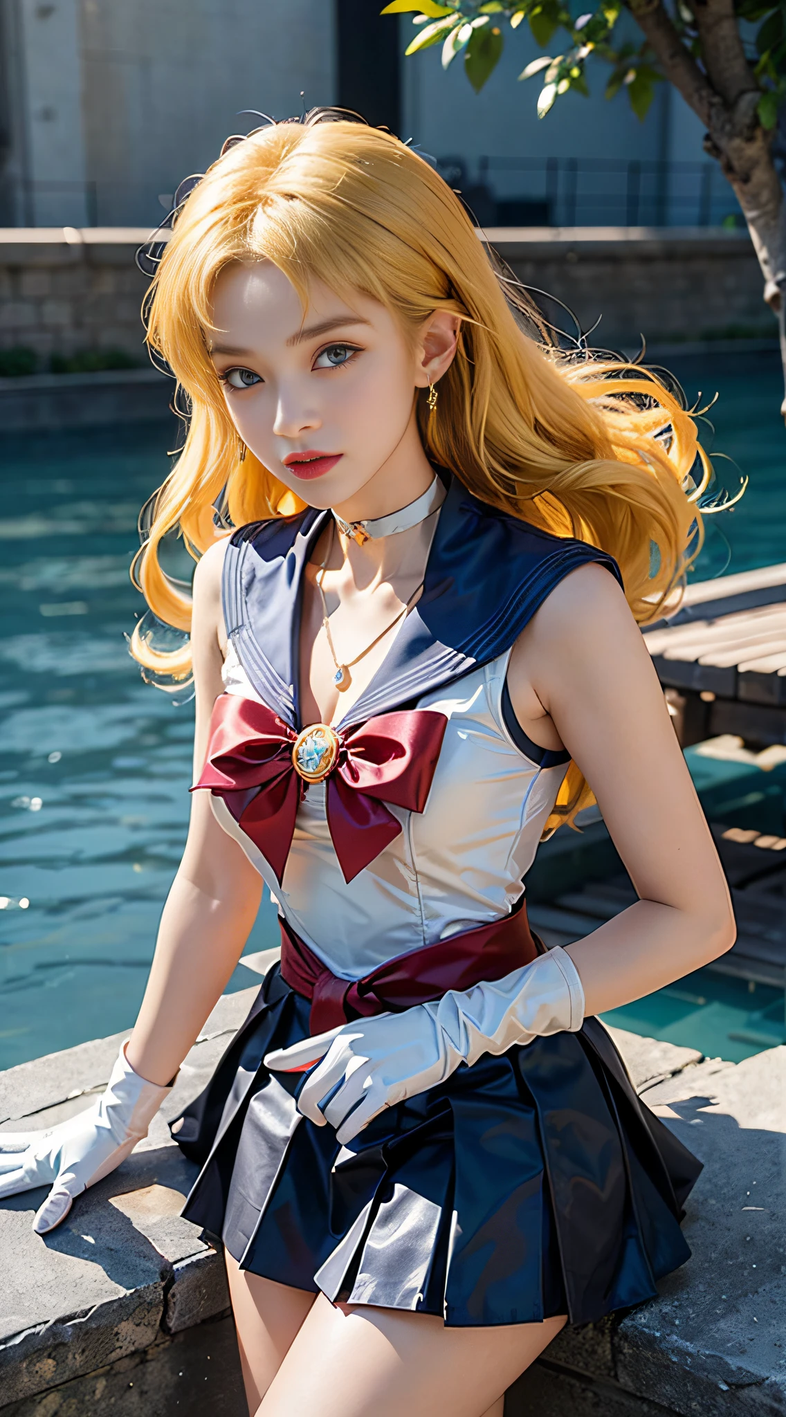 ((masterpiece:1.4)、(top-quality:1.4)、(reallistic:1.7))、masuter piece:1.4、a beauty girl、(Sailor Moon:1.4)、Tsukino Usagi、Body Fit Sexy Sailor Senshi Uniform、(latex shiny)、(The jacket is a white sleeveless sailor suit)、(Skirt is blue sexy ultra ultra mini skirt)、The collar of the sailor suit is blue with two thin lines.、high leg swimsuit、Red cloth ornament at chest、(Wearing white gloves)、Kawaii Girl、Super beauty、foco nítido、Portrait photos、Upper body photography:1.4、beautiful countenance、beautidful eyes、Narrow waist、(Yellow hair:1.4)、(length hair:1.2)、Raw photo、red-lips、Red high heels:1.4、a choker:1.4、a necklace:1.4、耳Nipple Ring:1.4、Luxurious golden tiara on forehead:1.4、1 screen display、Outdoor landscape