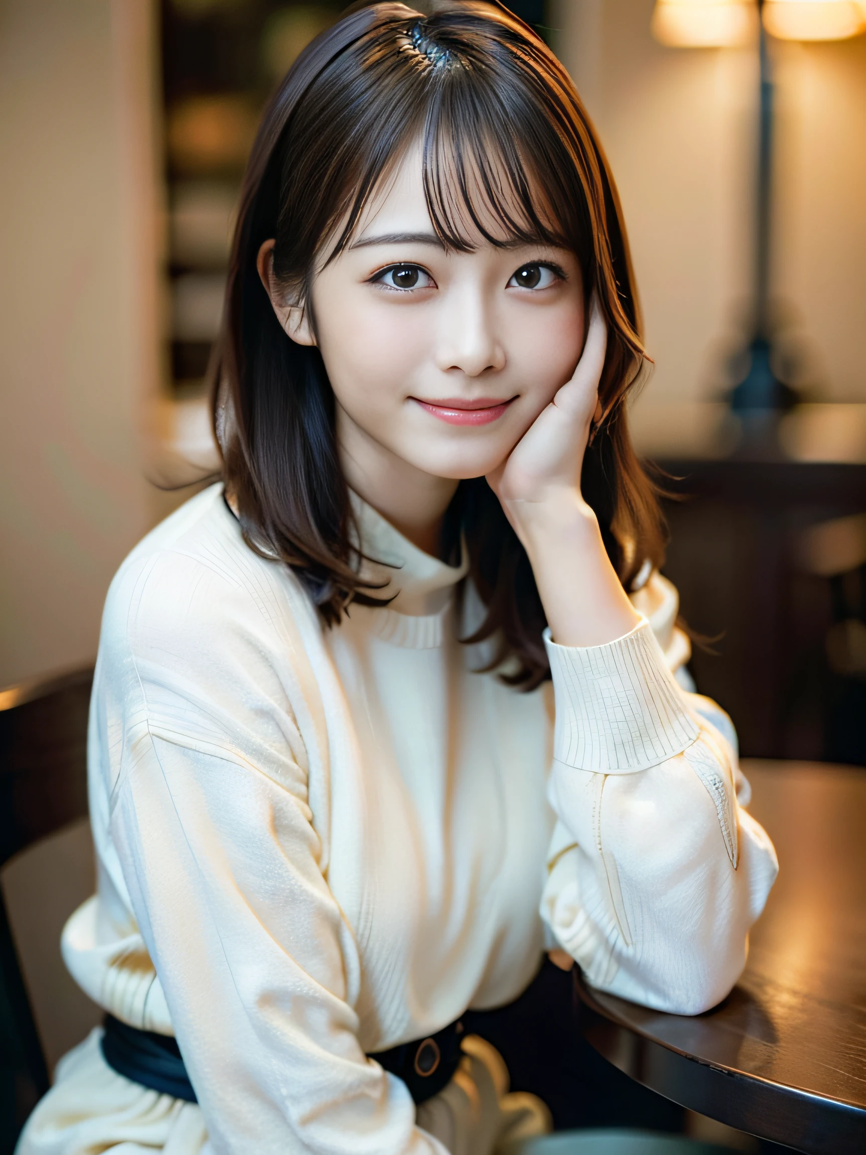 masutepiece, Best Quality, Naughty smile、randome pose、Bruises、Illustration, Ultra-detailed, finely detail, hight resolution, 8K Wallpaper, Perfect dynamic composition, Beautiful detailed eyes, knit,Medium Hair,Natural Color Lip、Bold sexy poses,Smile,Harajuku、20 years girl、Cute、Sexy shot looking at camera、C Cup、Brown hair