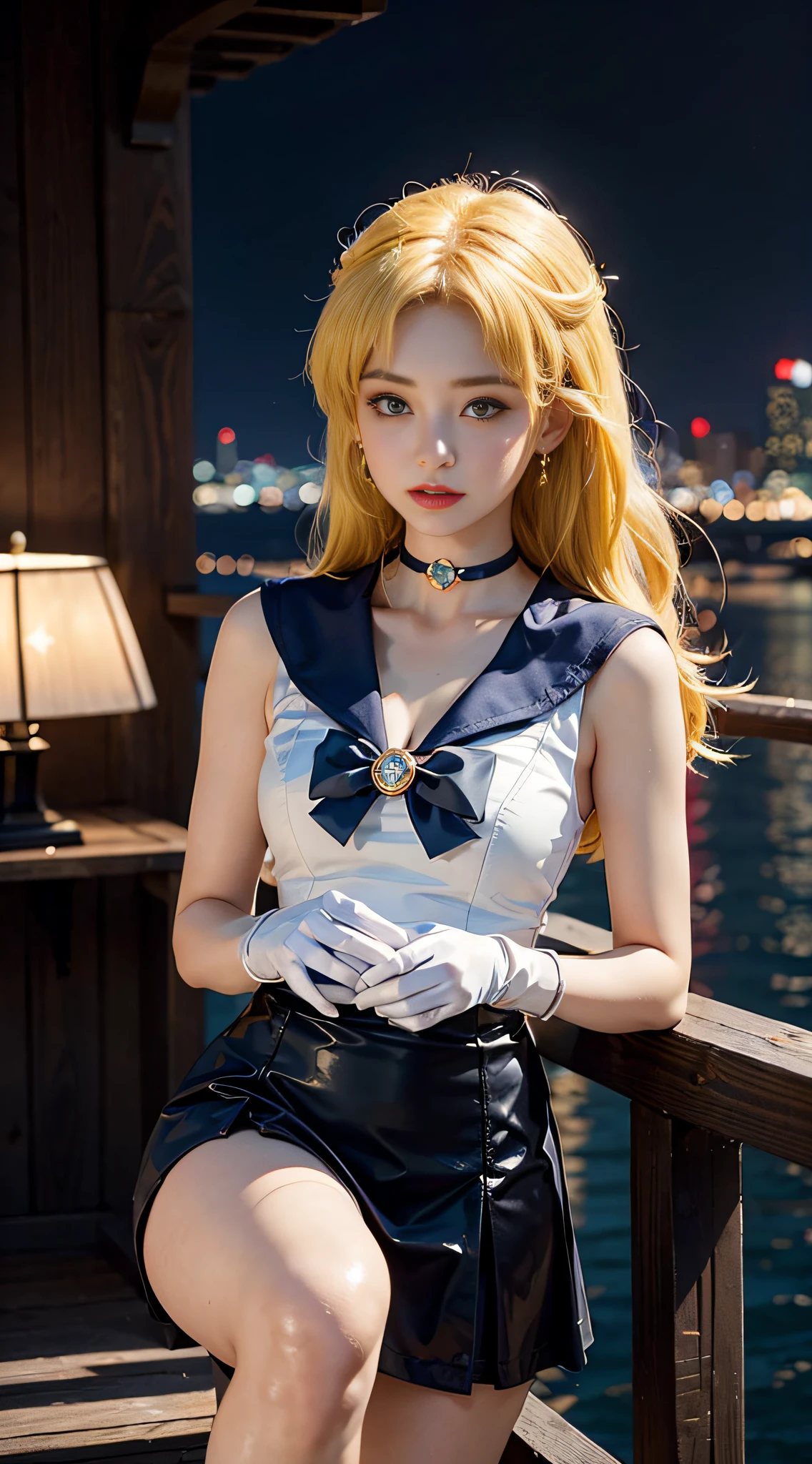 ((masterpiece:1.4)、(top-quality:1.4)、(reallistic:1.7))、masuter piece:1.4、a beauty girl、(Sailor Moon:1.4)、Tsukino Usagi、Body Fit Sexy Sailor Senshi Uniform、(latex shiny)、(The jacket is a white sleeveless sailor suit)、(Skirt is blue sexy ultra ultra mini skirt)、The collar of the sailor suit is blue with two thin lines.、high leg swimsuit、Red cloth ornament at chest、(Wearing white gloves)、Kawaii Girl、Super beauty、foco nítido、Portrait photos、Upper body photography:1.4、beautiful countenance、beautidful eyes、Narrow waist、(Yellow hair:1.4)、(length hair:1.2)、Raw photo、red-lips、Red high heels:1.4、a choker:1.4、a necklace:1.4、耳Nipple Ring:1.4、Luxurious golden tiara on forehead:1.4、1 screen display、Outdoor landscape