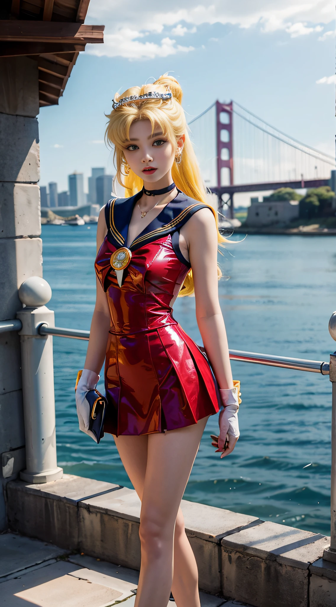 ((masterpiece:1.4)、(top-quality:1.4)、(reallistic:1.7))、masuter piece:1.4、a beauty girl、(Sailor Moon:1.4)、Tsukino Usagi、Body Fit Sexy Sailor Senshi Uniform、(latex shiny)、(The jacket is a white sleeveless sailor suit)、(Skirt is blue sexy ultra ultra mini skirt)、The collar of the sailor suit is blue with two thin lines.、high leg swimsuit、Red cloth ornament at chest、(Wearing white gloves)、Kawaii Girl、Super beauty、foco nítido、Portrait photos、Upper body photography:1.4、beautiful countenance、beautidful eyes、Narrow waist、(Yellow hair:1.4)、(length hair:1.2)、Raw photo、red-lips、Red high heels:1.4、a choker:1.4、a necklace:1.4、耳Nipple Ring:1.4、Luxurious golden tiara on forehead:1.4、1 screen display、Outdoor landscape