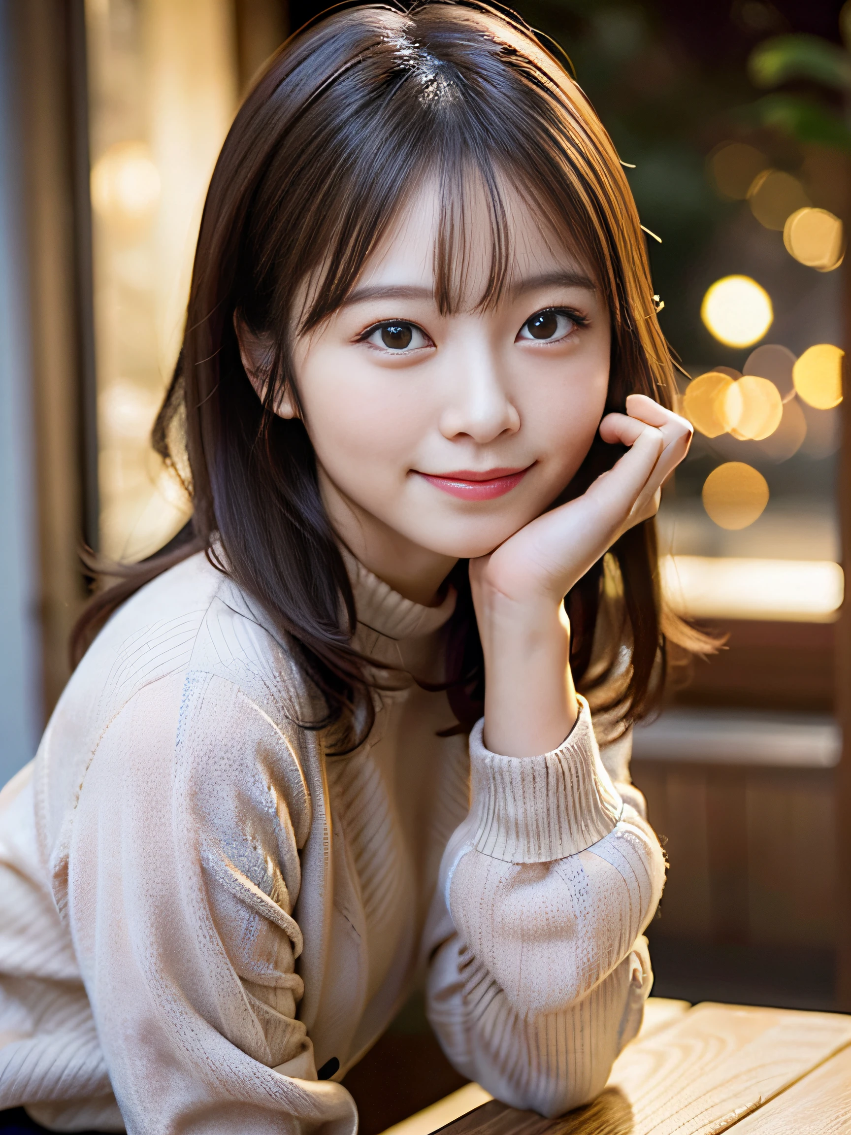 in 8K,Best Quality:1.4, 超A high resolution:1.5, (Photorealistic:1.4),masterpiece:1.2,(top-quality:1.4)、 Raw photo、Japan girls in casual clothes、looking at the viewers、Pose with a smile、hight resolution、ighly detailed、电影灯光、Hi-Res、The ultra-detailliert、natural skin textures:1.3, realistic eyes and face details:1.7、Two Japan Women 、nogizaka, cute face、35 year old:1.5、Textured skin:1.2, beautiful smiling face, Detailed Cafe、 sitting on、Dating、(Shy smile:1.2)、Medium chest、beautiful finely detailed eyes、(Sweaters:1.1)、natta、from waist up:1.2
