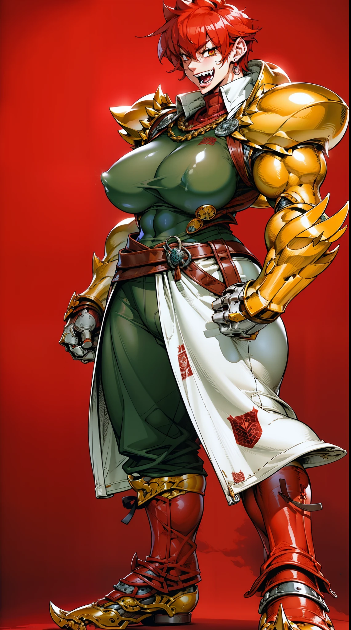 tomboy, warrior, berserker, tall female, muscular female, living hair, sauvage,, medieval clothing, fantasy, fantasy weapon, huge breasts, barbarian pants, , combat boots, armor, red hair, crazy smile, open mouth, biceps, necktie, thick arms,pullover, solo focus, long hair, , crazy smile, long hair, sword holding, pants, noble cloths, noble clothing, french cloths