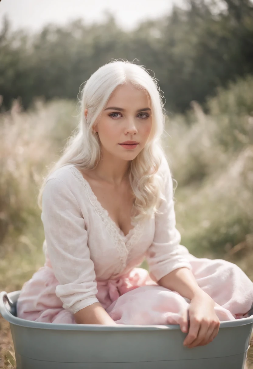 master part, best quality, super detalhado, illustration, belos olhos detalhados, fechar para cima, a girl. It's white hair, pink bow, pijama branco. Squatting on the floor and rummaging through the laundry basket