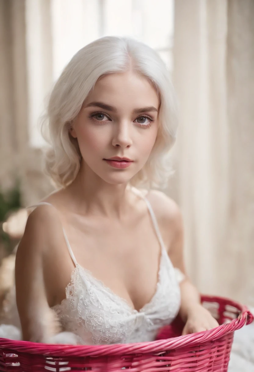 master part, best quality, super detalhado, illustration, belos olhos detalhados, fechar para cima, a girl. It's white hair, pink bow, pijama branco. Squatting on the floor and rummaging through the laundry basket