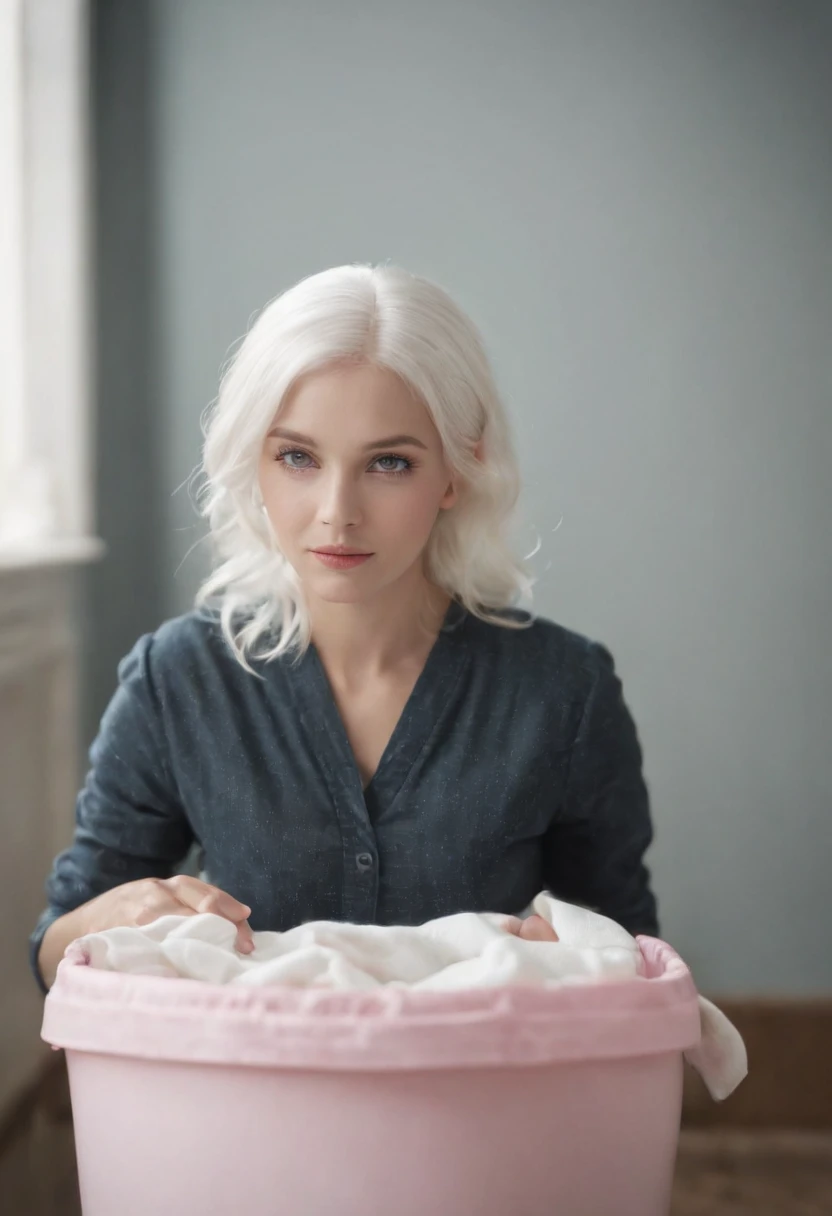 master part, best quality, super detalhado, illustration, belos olhos detalhados, fechar para cima, a girl. It's white hair, pink bow, pijama branco. Squatting on the floor and rummaging through the laundry basket