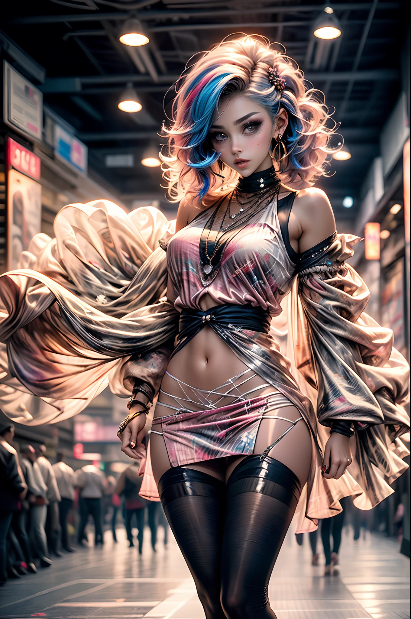 (Obra maestra, La mejor calidad, Calidad supeior, Detalles intrincados, Beautiful, aesthetic:1.2), alta calidad, 8k, .RAW, Ultra detalles, extremadamente delicioso y hermoso, Sombra real, (Aspecto desafiante), (dynamic pose:1.8), fotorrealista, Pintura muy detallada, Pintura premiada, Pintura maravillosa, Artistic style, estilizado, cuerpo completo, kawaiitech, (Cabello de dos tonos:1.5), Cabello largo, (Sakura en el pelo), Colores pastel, kawaii, senos grandes, Lindo, kawaii, adorable, flirty, nubes, cielo azul, sol, Paisaje, (Calle de la ciudad), tag, sakura trees, Manos perfectas, (acuarela), Uniforme de sirvienta, Volantes, Adornos de encaje, Banda para el pelo ta, zapatos deportivos, zapatos blancos, muslosaltos, legwear a rayas, Pendientes, muslos rayados, muslos rosados, En pie, Piernas separadas, vestido de mano, Mostrando Panty, Tiro de panty, corazones, Colores lindos, cotton panties,