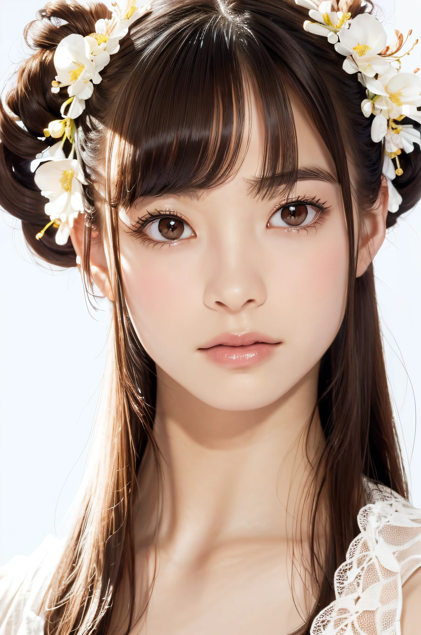(masutepiece:1.3), High resolution, ultra-detailliert, the Extremely Detailed CG Unity 8K Wallpapers, Realistic, Photorealsitic, Raw photo, beautifull detailed face, pale skin, realistic glistening skin, Detailed Cloth Texture, detailed hair texture, Perfect body, Beautiful face, acurate, Anatomically correct, Highly detailed face and skin texture, Natural neck length, (Fair skin:1.2), thin legs, Thin feet, (Aligned teeth:1.1), Sweaty skin, BREAK, Detailed eyes, symmetrical eye, Light brown eyes, Double eyelids, Thin eyebrows, (Sleepy eyes:1.1), (Glossy lips:1.4), (Mouth waiting for a kiss:1.2), (blush:1.2), (Small hair accessories that sparkle:1.1), BREAK, (classy girl:1.3), (Wearing (doress:1.2) With a white floral pattern), BREAK, ((Close Up Shot:1.2)), medium breasts, Slender figure, Firm abs, ((up do hairstyle, Dark blonde hair, Wavy Hair, Long hair:1.1)), ((asymmetric bangs:1.2)),
