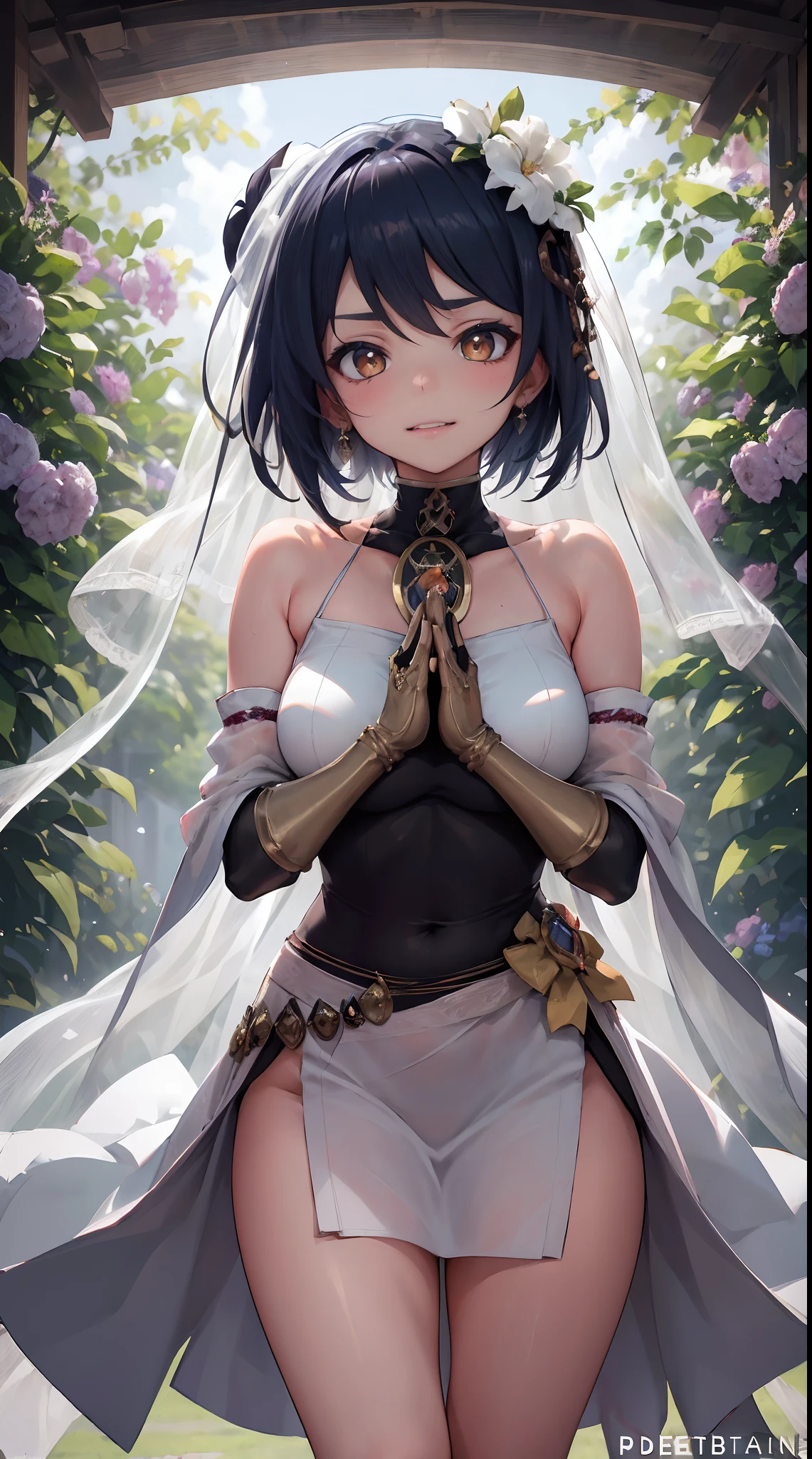 Kujou Sara | genshin impact, master-piece, bestquality, 1girls,25 years old, proportional body, proportional., Wedding Dresses, White Wedding Dress, Long skirt, wedding, ,bara, Standing in the middle of a flower garden, outdoor, wedding, The sky is beautiful, In a paradise of love and happiness...................., The bride wears a Japanese dress and a seductive smile...................., The passage of time stops at theirs...................., On this wedding day of love and happiness...................., Bright and beautiful flowers, Holding it in her hands symbolizes the envelopment of love...................., Love and friendship through the transmission of flowers, In a paradise of love and happiness...................., A bride in a yukata wearing a masika...................., It is a form of beauty and elegance...................., Show your spouse your heart..................., In a paradise of love and happiness...................., Kochikugisa is the tree of new beginnings...................., And their love and affection................., And suck a lot of love...................., Flowers represent love and peace...................., In a paradise of love and happiness...................., View viewers from the front., Thigh strap, Head tilt, bored, 10, 10, HD, slight smile,