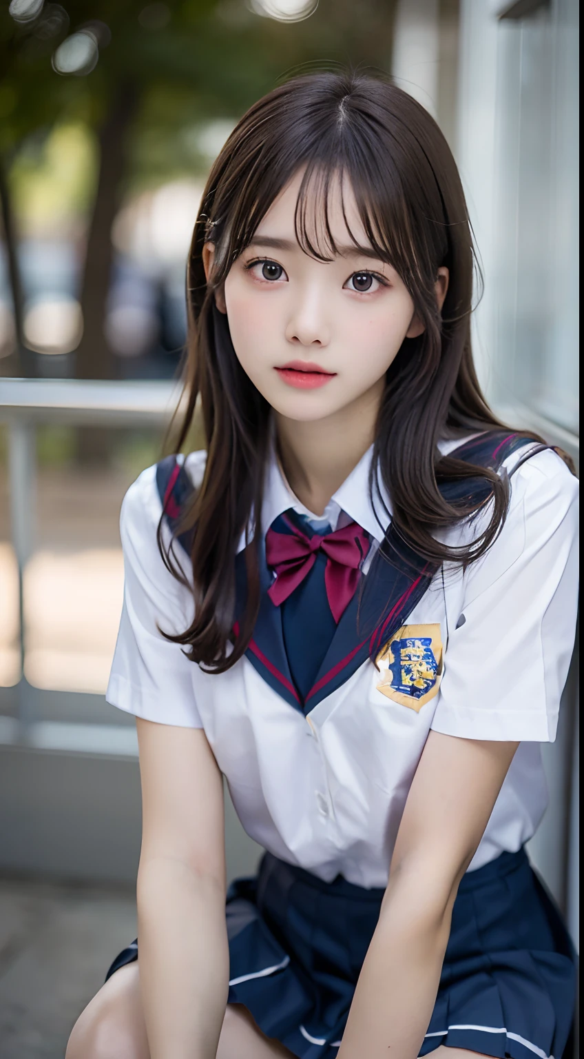 (dasha taran),upper half of body,Big eyes,small face,school uniform,in the dark,thick body:1.8,huge breasts:1.6,Loose and fluffy curls,lustrous skin,smile,summer school,school classroom,after school,next seat