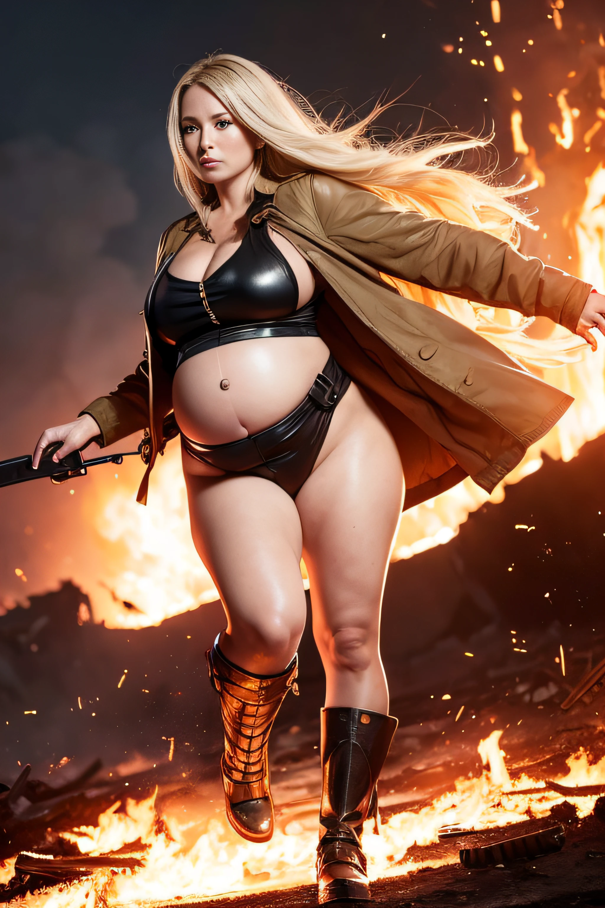 Pregnant women, very plump body,, (Full body:1.2), (45-year-old woman), (blondehair), (weapon in hand), (Wartime Battle Scene), (fumo), (fire), (Chaotic background), (Dynamic Pose), (broken armor), (Burnt landscape), (Fighting stance), (smoldering debris),