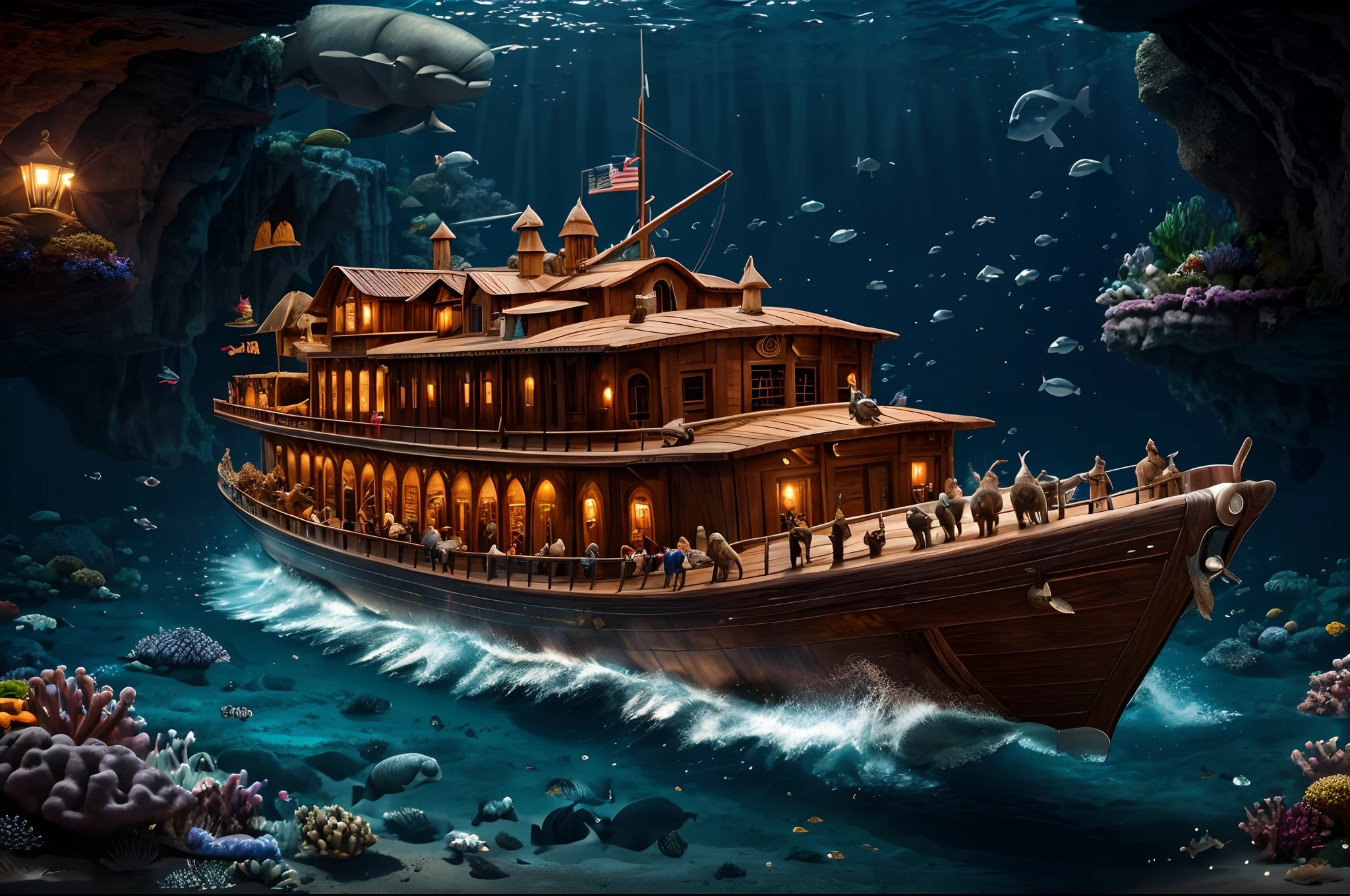 close up, ancient world, Noah's Ark, wooden submarine, under sea, many animals, (ultra high detailed, 8K, masterpiece, top quality:1.1)