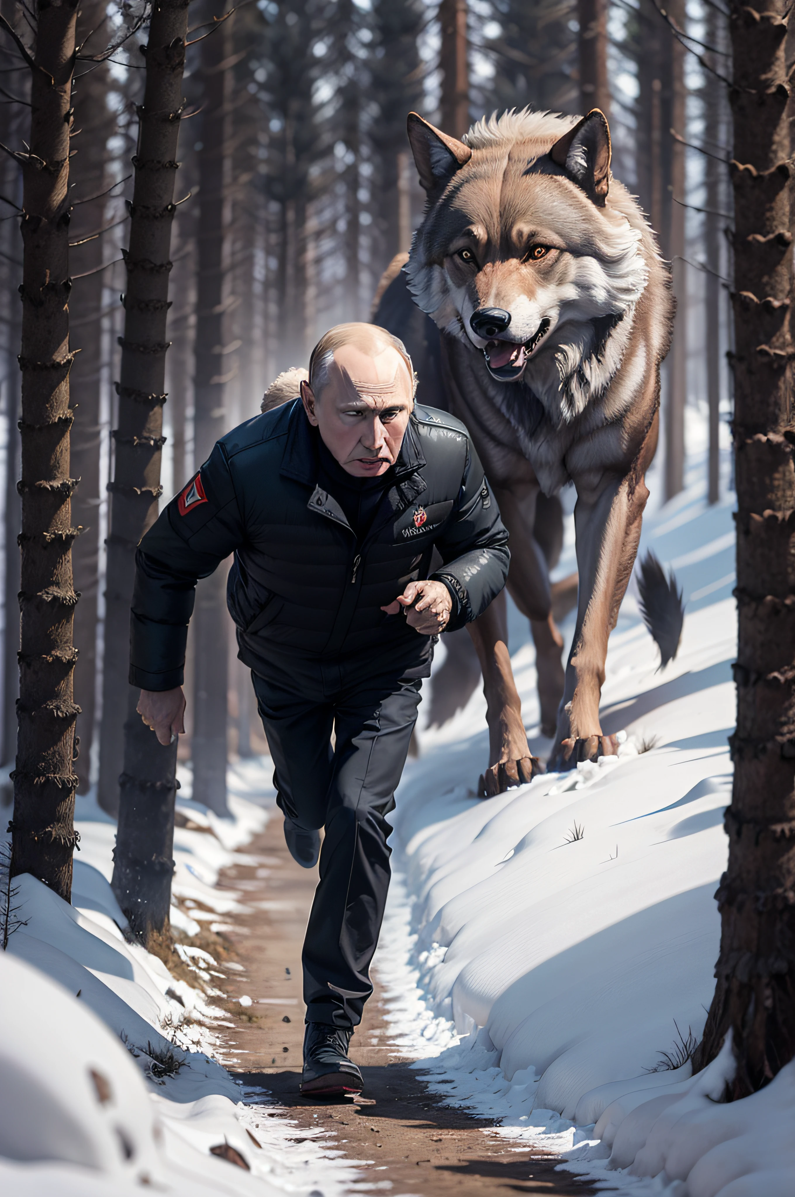 Vladimir Putin, In a panic in the woods, Running away from a huge wolf