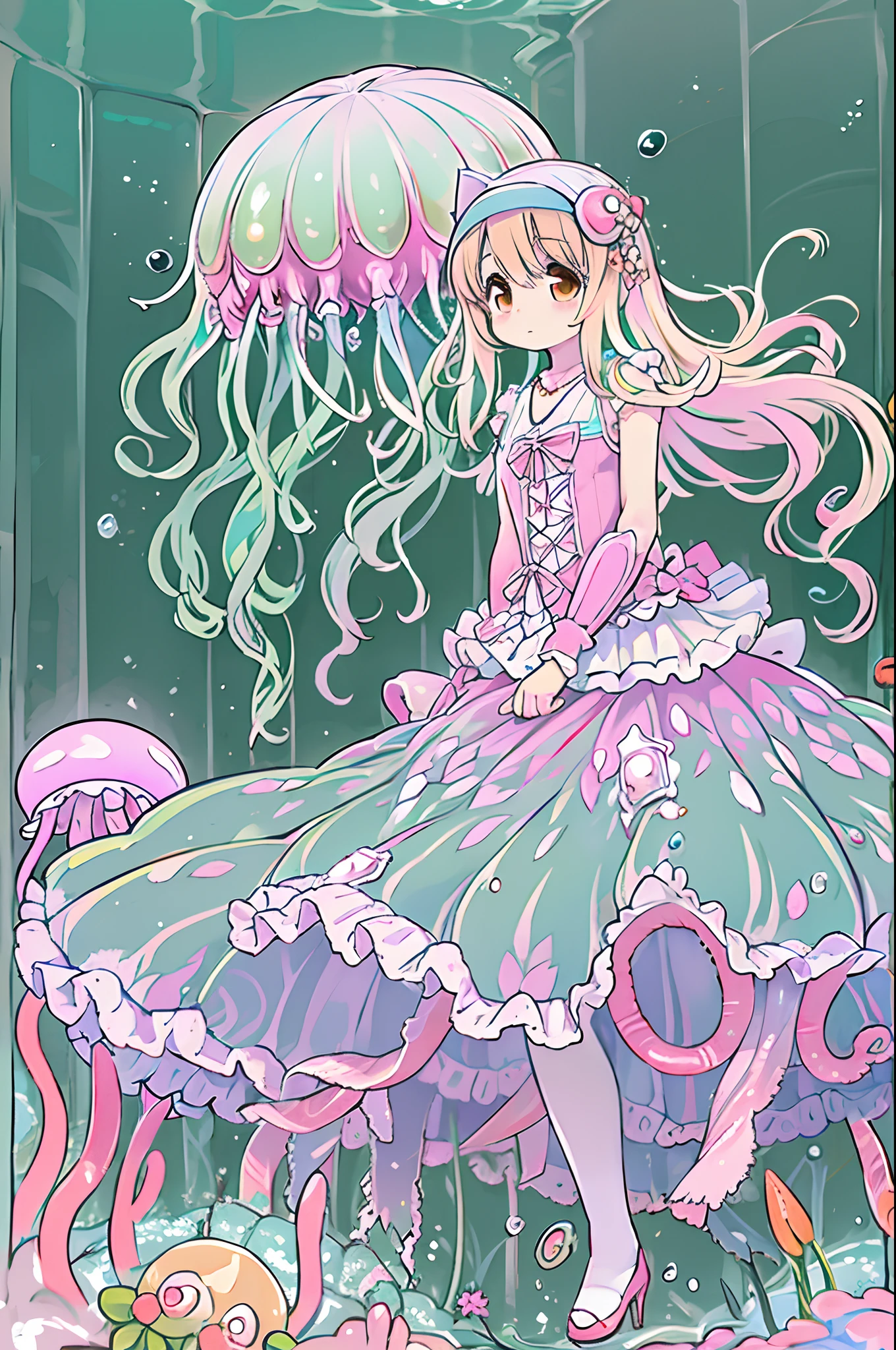 Pretty girl yes,flat chest,kawaii,(Jellyfish girl:1.2), arms behind back,under the water,frilly dress,