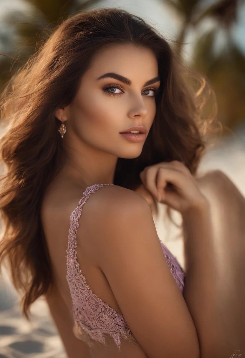 Arafed woman completely , fille sexy aux yeux bruns, ultra realist, Meticulously detailed, Portrait Sophie Mudd, cheveux bruns et grands yeux, selfie of a young woman, Dubai Eyes, Violet Myers, sans maquillage, maquillage naturel, looking straight at camera, Visage avec Artgram, Maquillage subtil, Superbe photo du corps entier, In a beach in miami, Medium to large bust