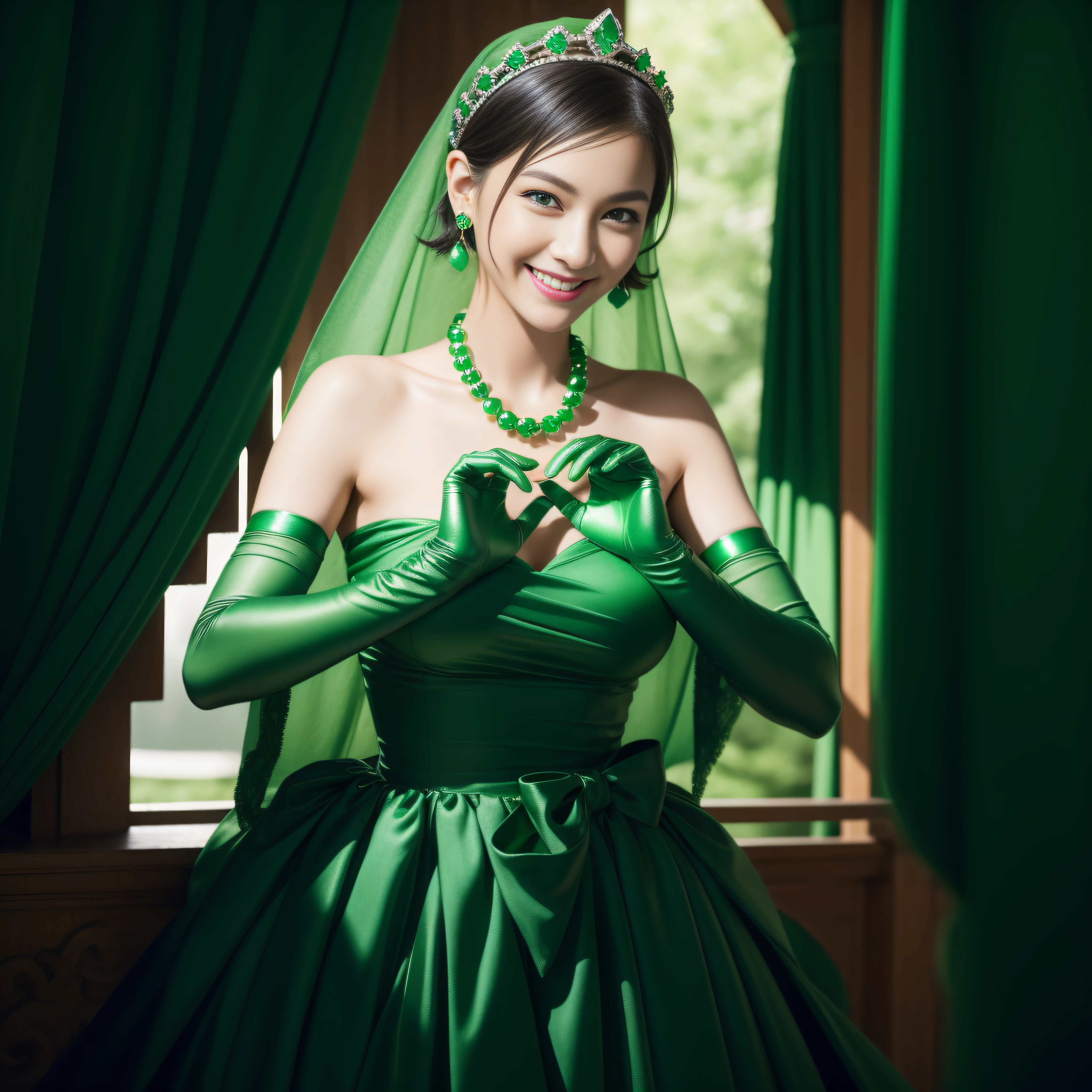 emerald tiara, Green Pearl Necklace, Boyish very short green hair, lipsticks, Japan woman smiling, very short short hair,  big breasts beautiful, Green eyes, Long green gloves made of satin material, Green eyes, Emerald Earrings, green vale, Heart with both hands