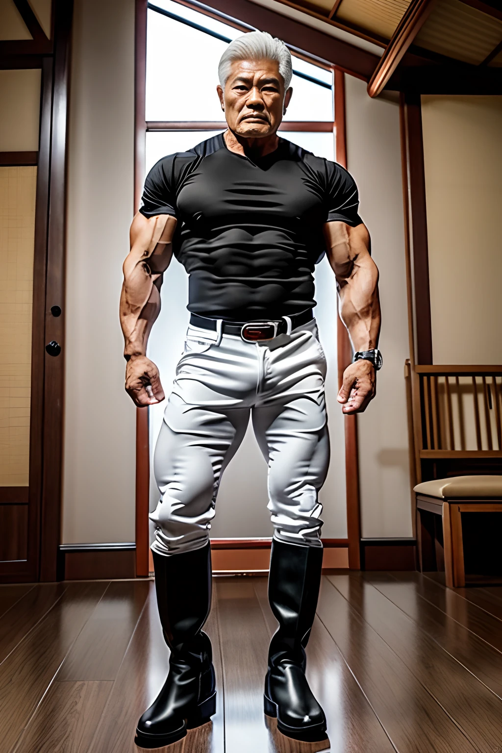 age 55,Japanese muscle man,Height 185,standing on your feet,Spread your legs,Super big eyes,Mighty,White color hair,Short flat hair。musculature,Red pants,Tall riding boots。Mature appearance、wholesome、Confident muscular man